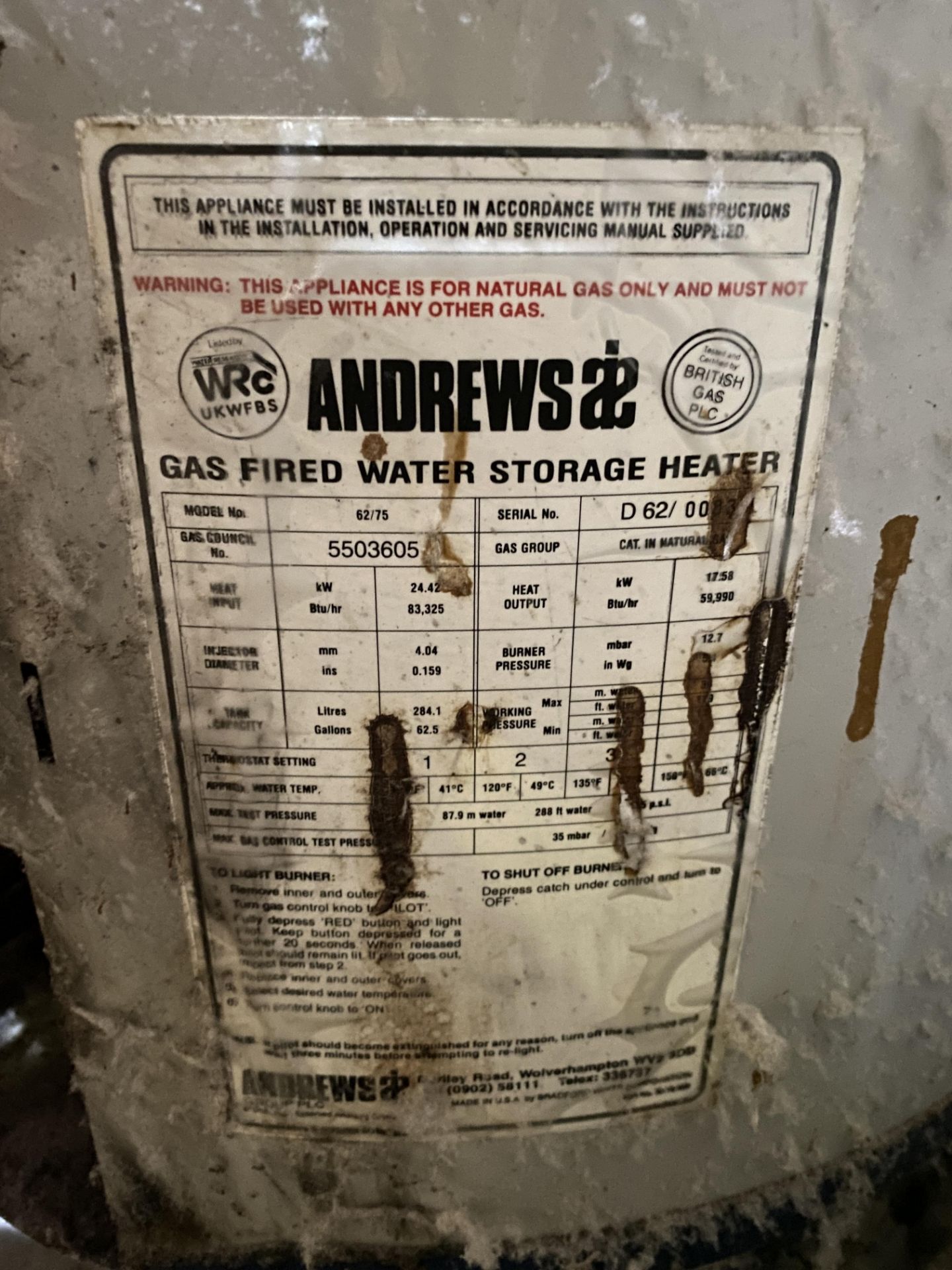 Andrews Water Heaters 62/75 Gas Fired Water Storage Heater - Image 2 of 2