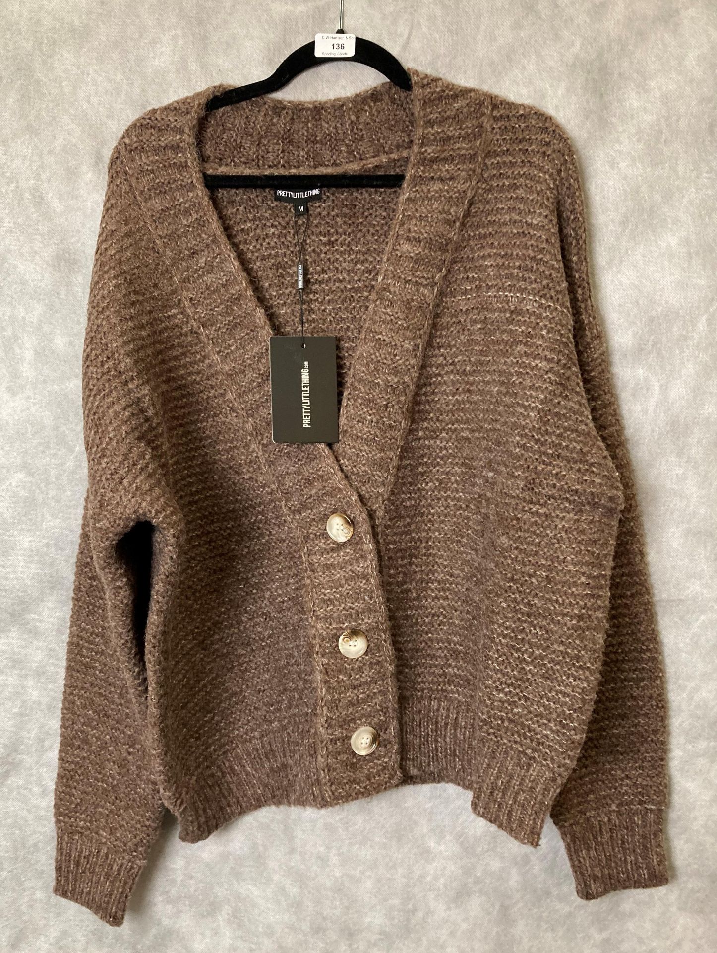Pretty Little Thing wool rib collar cardigan in chocolate, size M (in packaging,