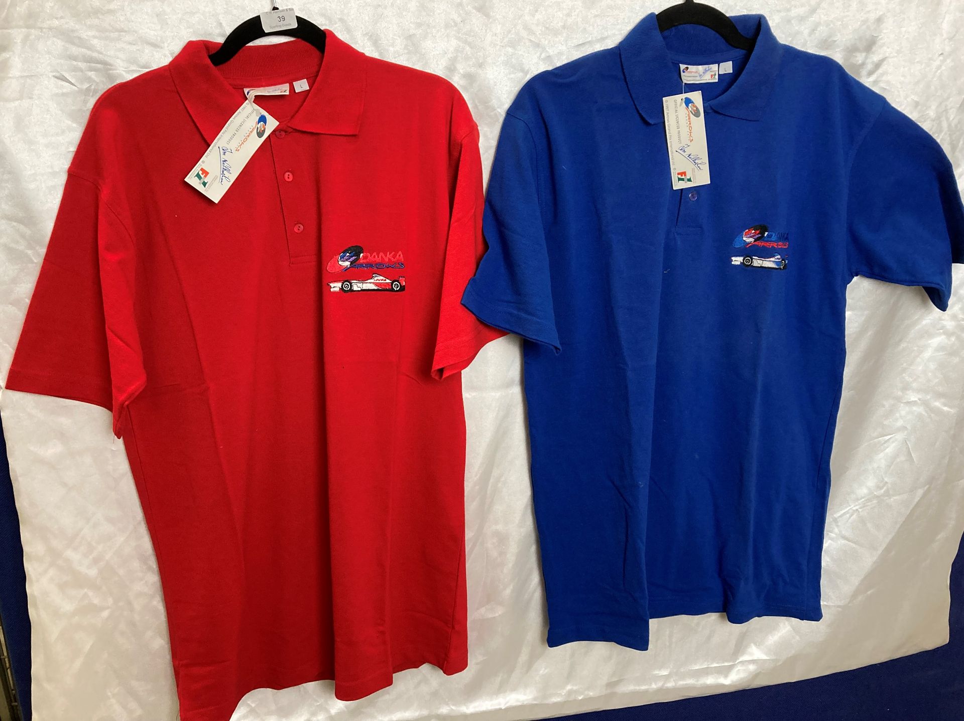 120 x assorted sized 1997 Arrows F1 Team polo shirts in blue and red