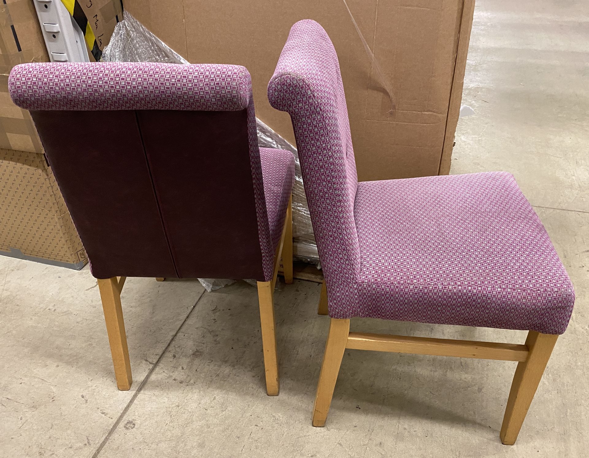 4 x Wooden Framed Rolled Backed Purple Patterned Upholstered Dining Chairs with Purple Leather - Image 2 of 2