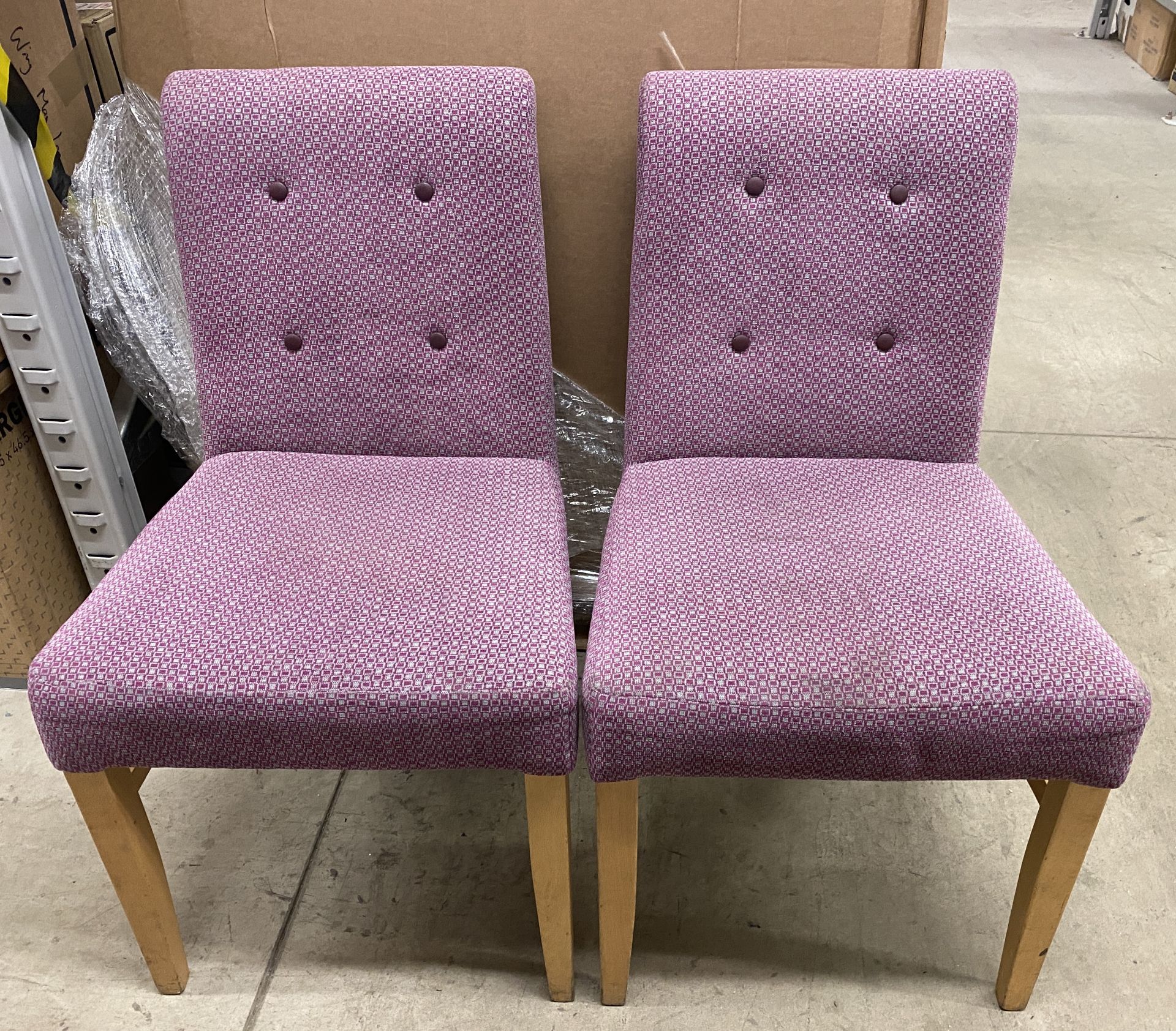 4 x Wooden Framed Rolled Backed Purple Patterned Upholstered Dining Chairs with Purple Leather