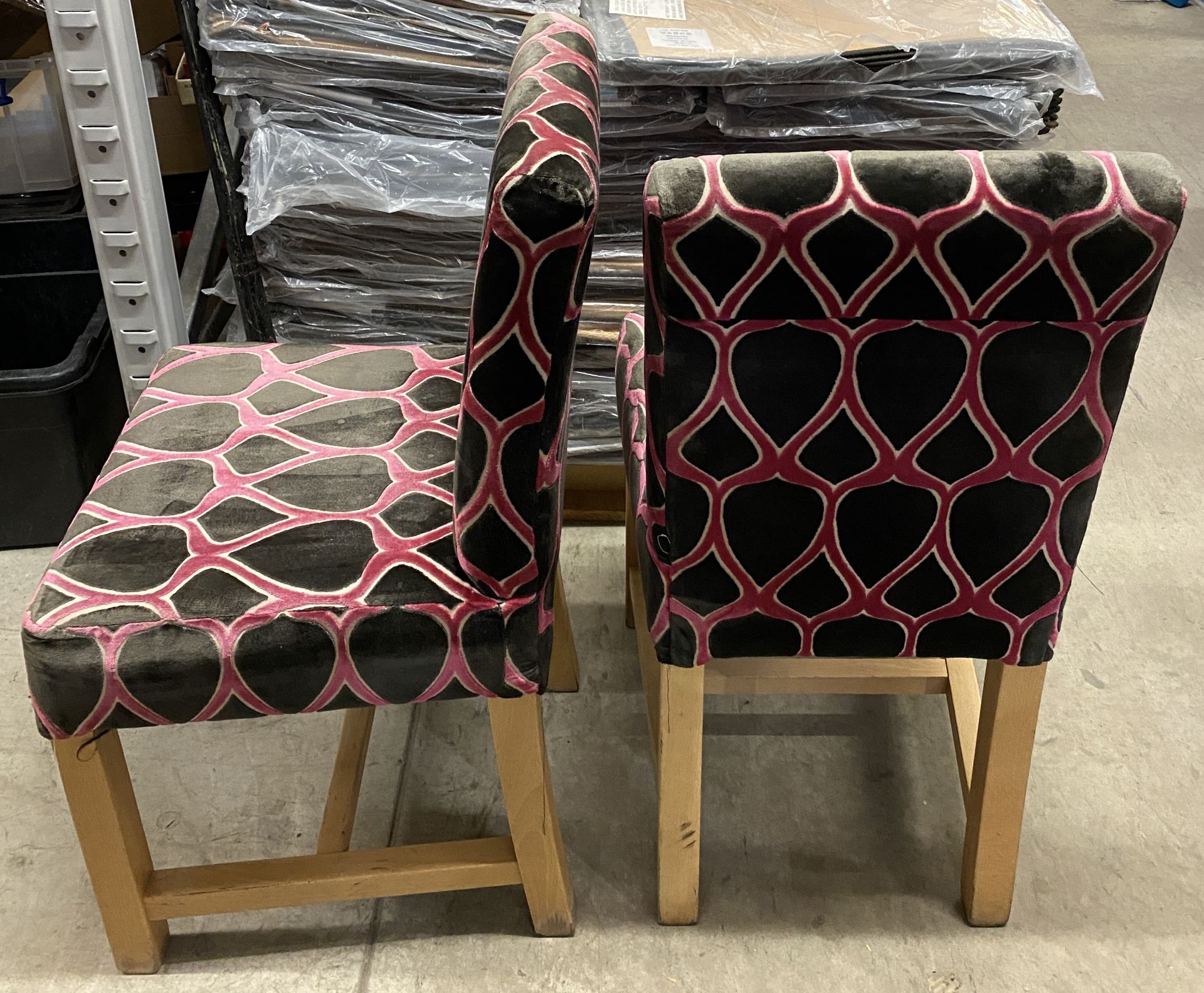 6 x High Backed Wooden Framed Black/Pink Patterned Upholstered Dining Chairs - Image 2 of 2