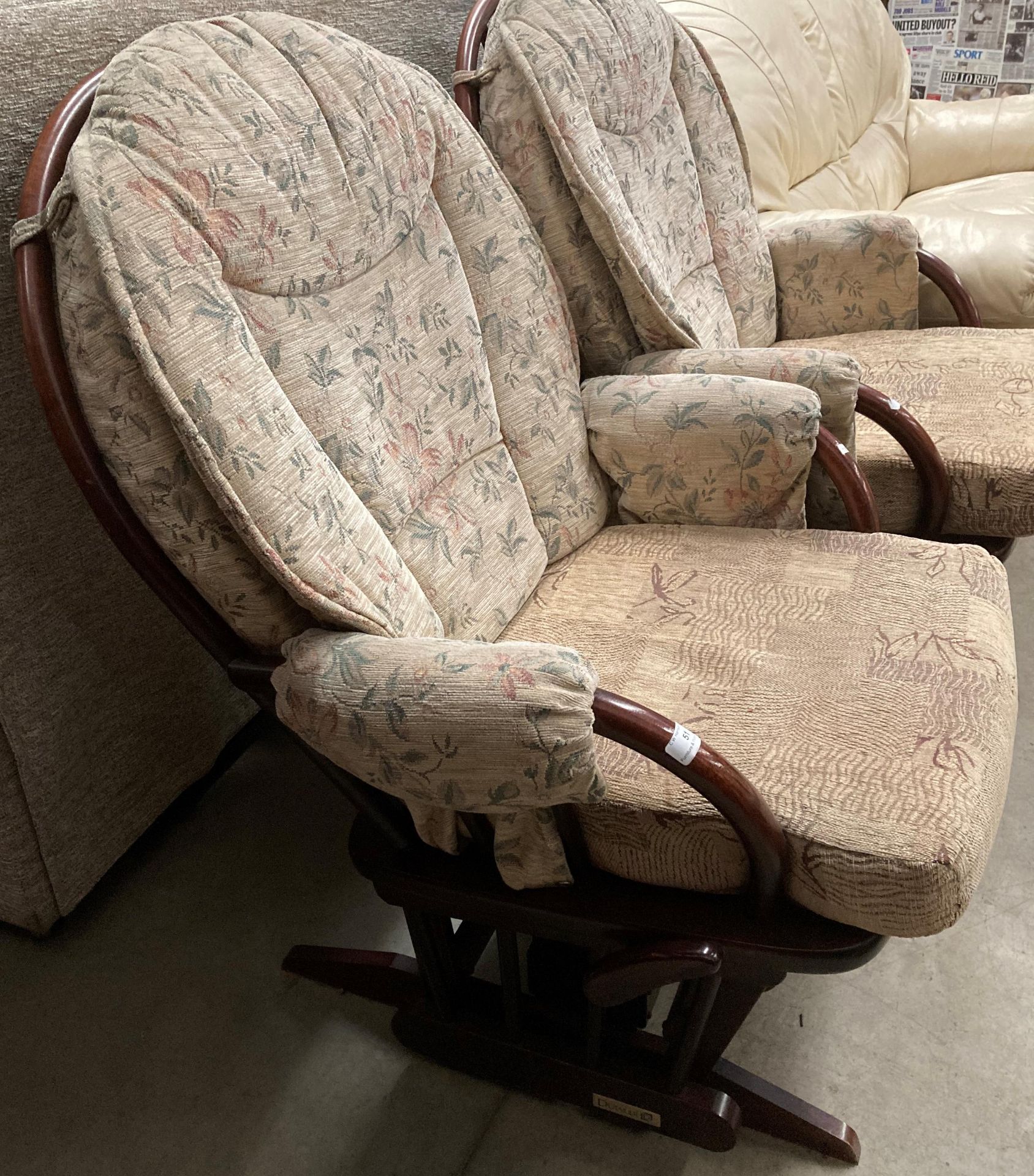 A pair of Dutialier wood framed rocking chairs with non matching cushions. - Image 2 of 3