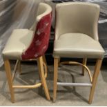 3 x Wooden Framed Beige Leather Effect/Red Cloth Upholstered High Backed Bar Stools