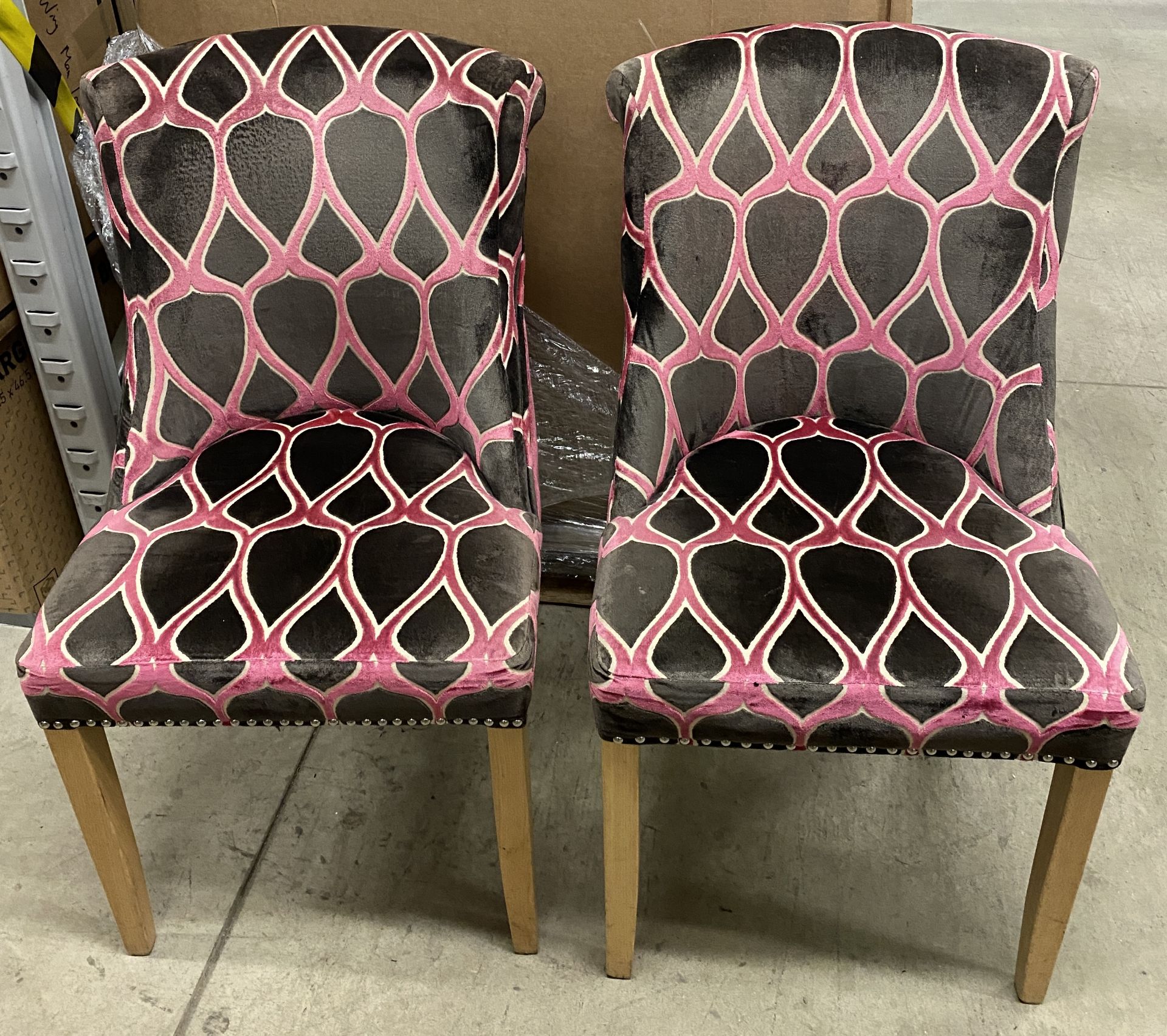 4 x Wooden Framed Black/Pink Patterned Upholstered Dining Chairs