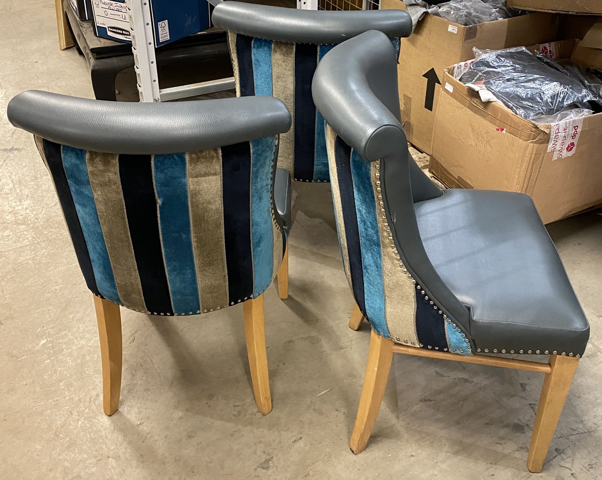 4 x High Back Roll Topped Wooden Framed Grey/Green Leather Effect Dining Chairs with Blue/Grey - Image 2 of 2