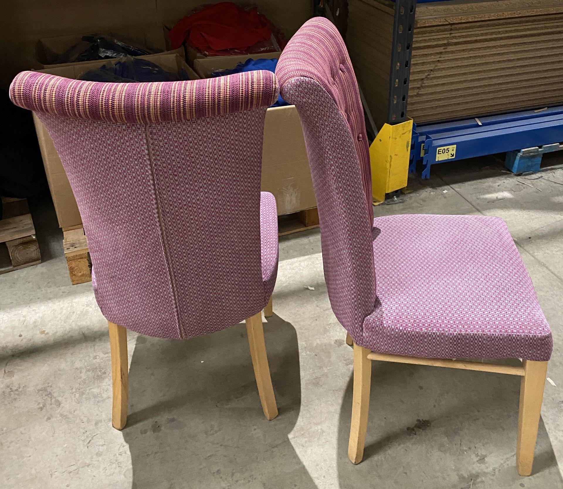 2 x High Back Roll Topped Wooden Framed Purple Patterned Upholstered Dining Chairs - Image 2 of 2