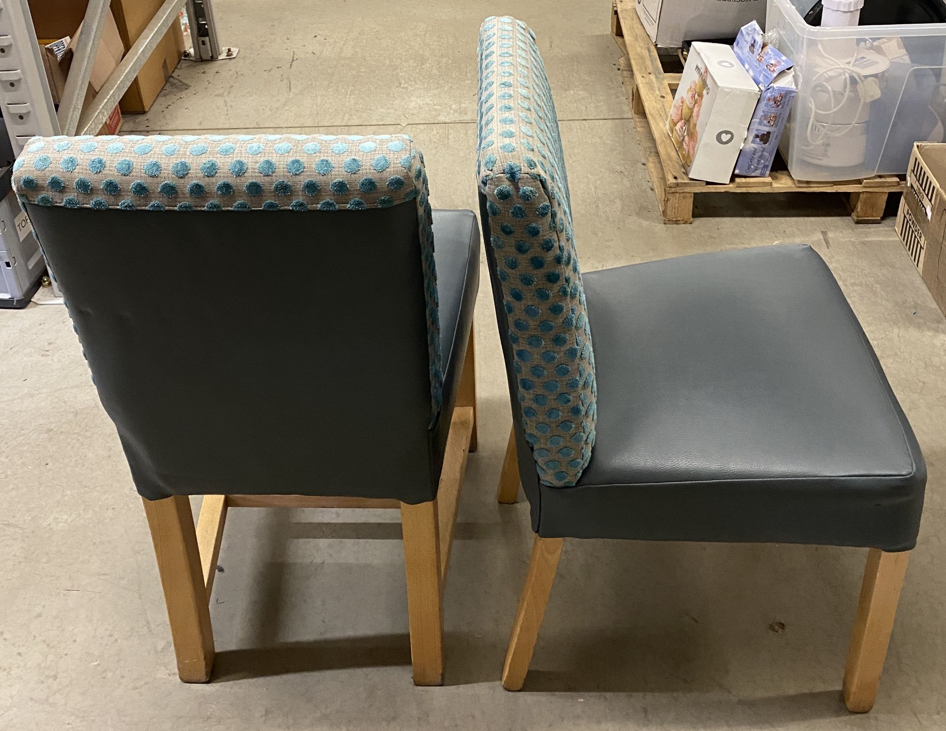 4 x Wooden Framed Square Backed Green Spot Patterned Upholstered Dining Chairs with Green Leather - Image 2 of 2