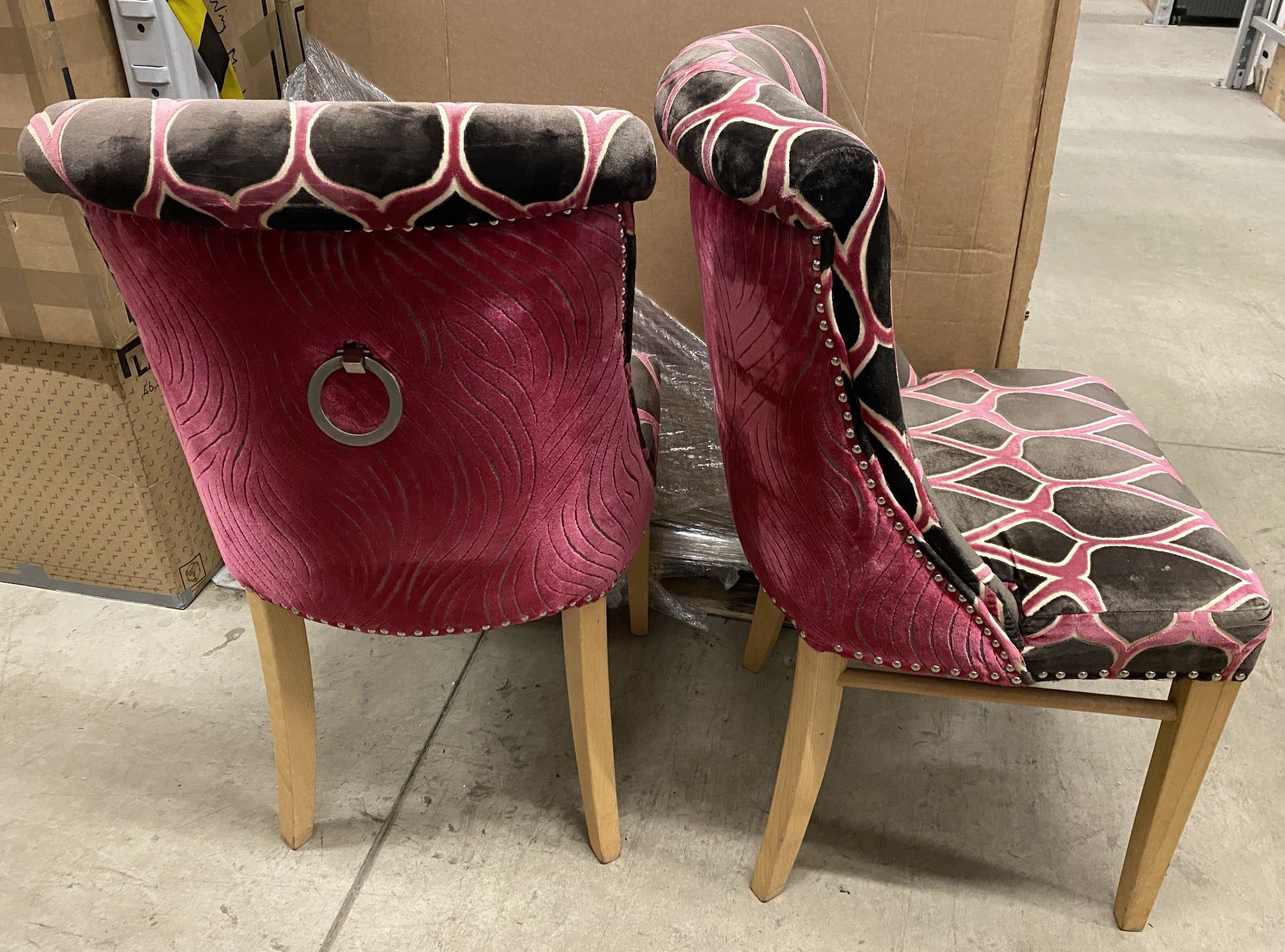 4 x Wooden Framed Black/Pink Patterned Upholstered Dining Chairs - Image 2 of 2