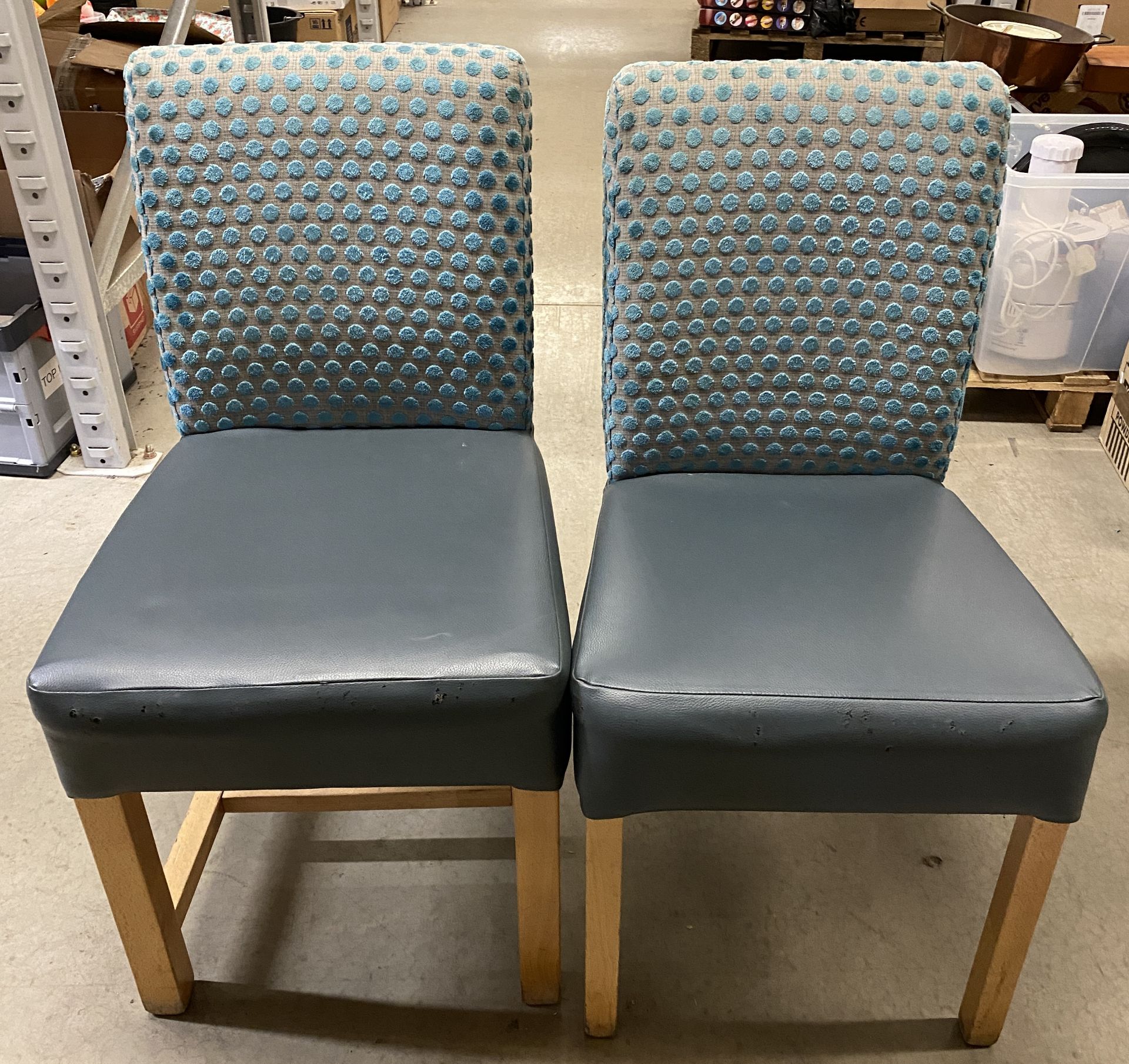 4 x Wooden Framed Square Backed Green Spot Patterned Upholstered Dining Chairs with Green Leather