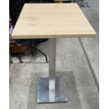 2 x Stainless Steel Based Wooden High Bar Tables - 70cm x 60cm (115cm high)
