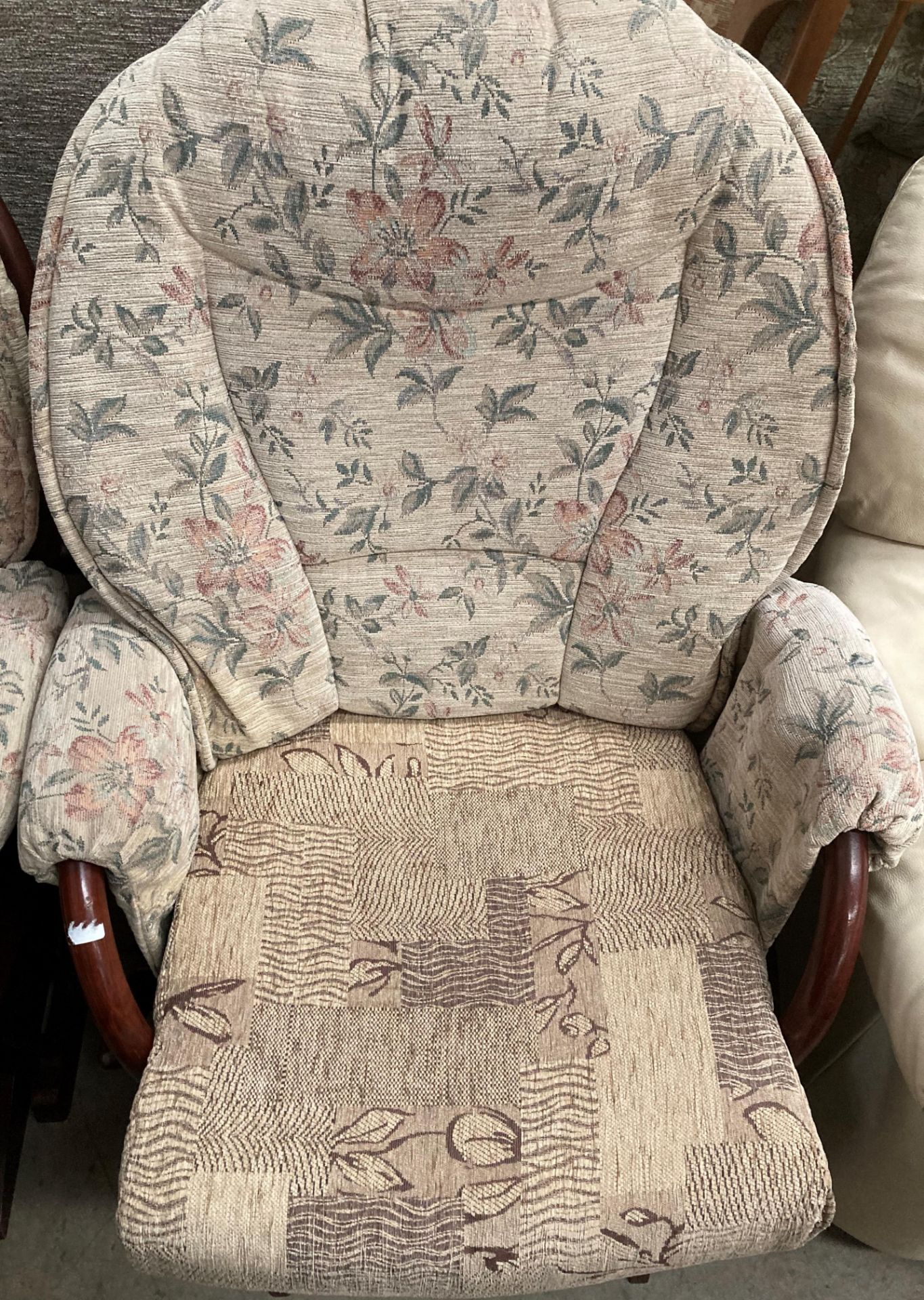 A pair of Dutialier wood framed rocking chairs with non matching cushions. - Image 3 of 3