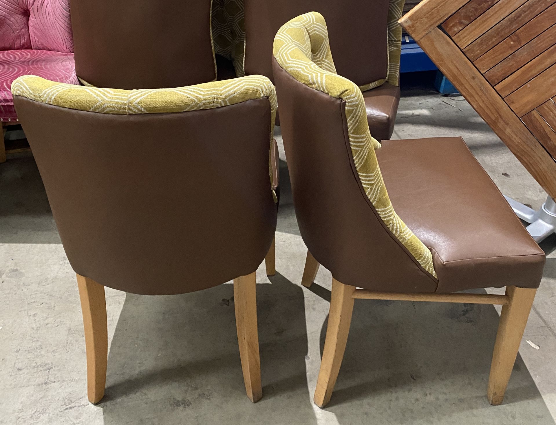 6 x Wooden Framed Round Backed Yellow Patterned Upholstered Dining Chairs with Brown Leather Effect - Image 2 of 2