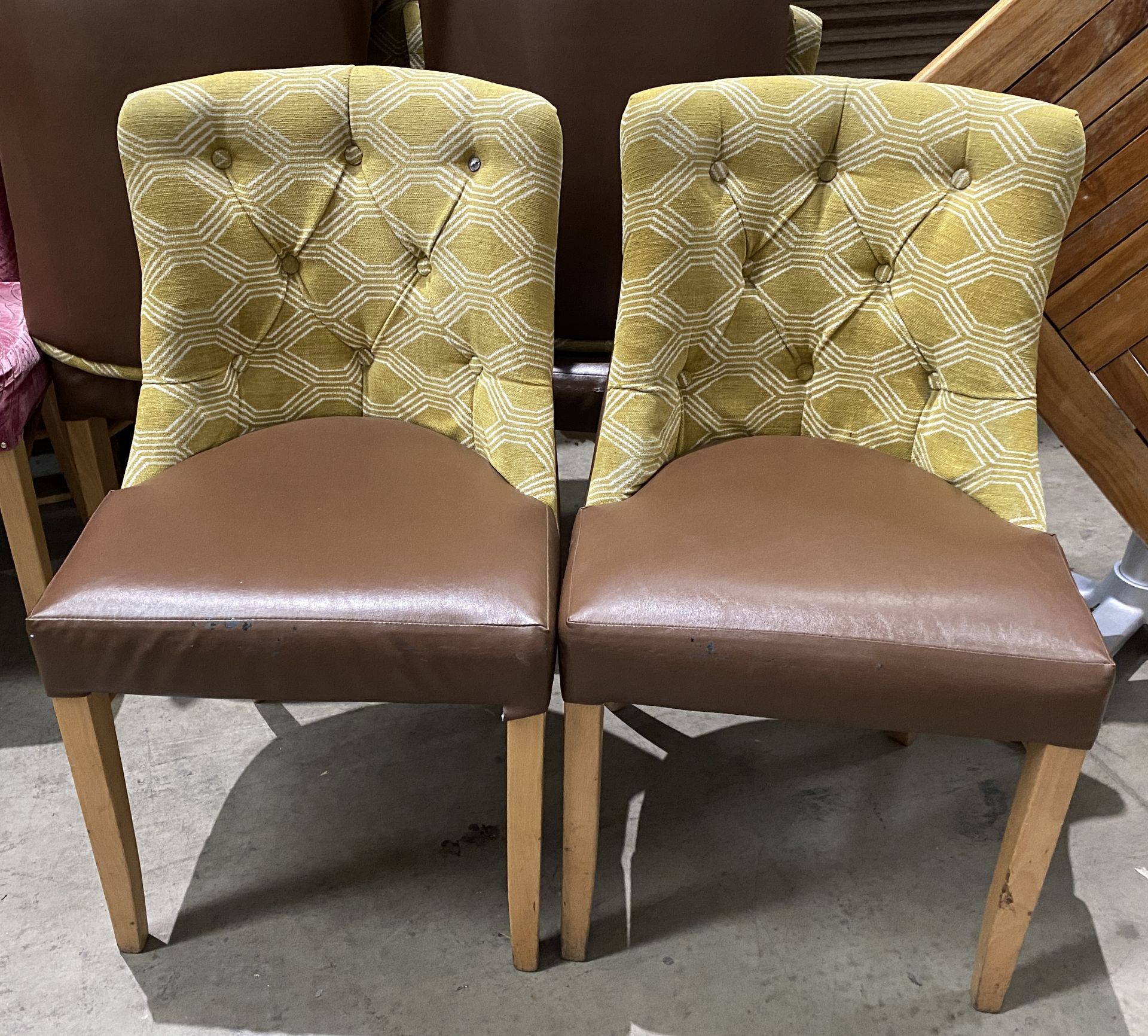 6 x Wooden Framed Round Backed Yellow Patterned Upholstered Dining Chairs with Brown Leather Effect