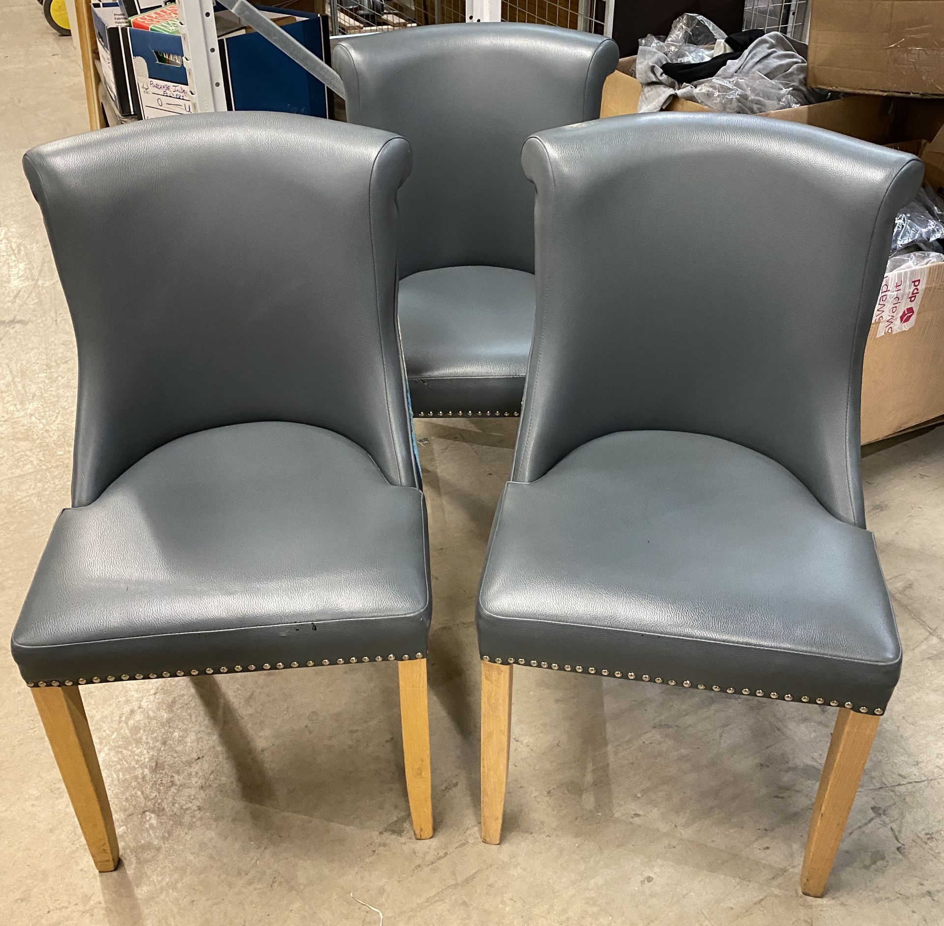 4 x High Back Roll Topped Wooden Framed Grey/Green Leather Effect Dining Chairs with Blue/Grey