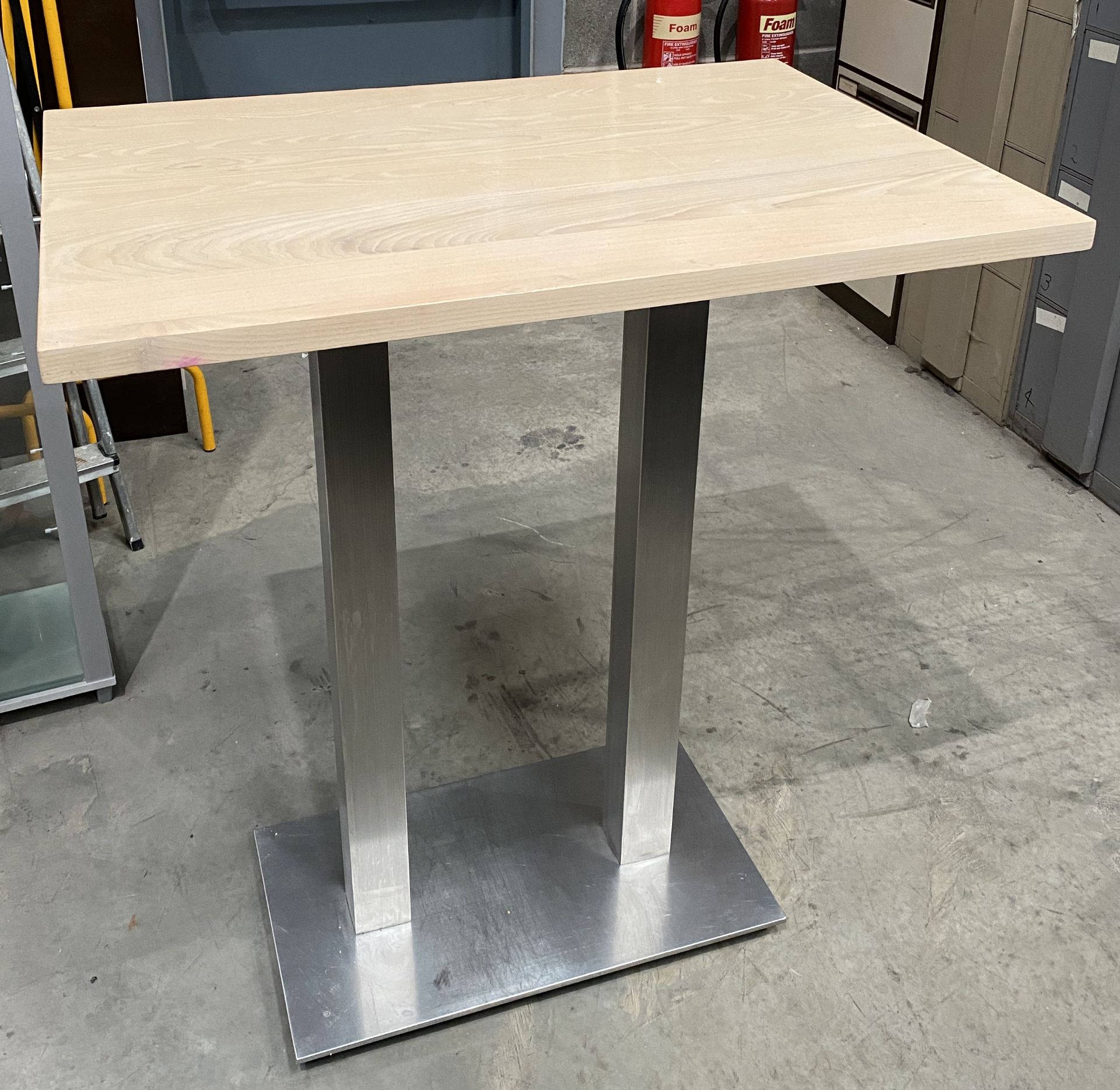 2 x Stainless Steel Twin Based Wooden High Bar Tables - 70cm x 100cm (115cm high)