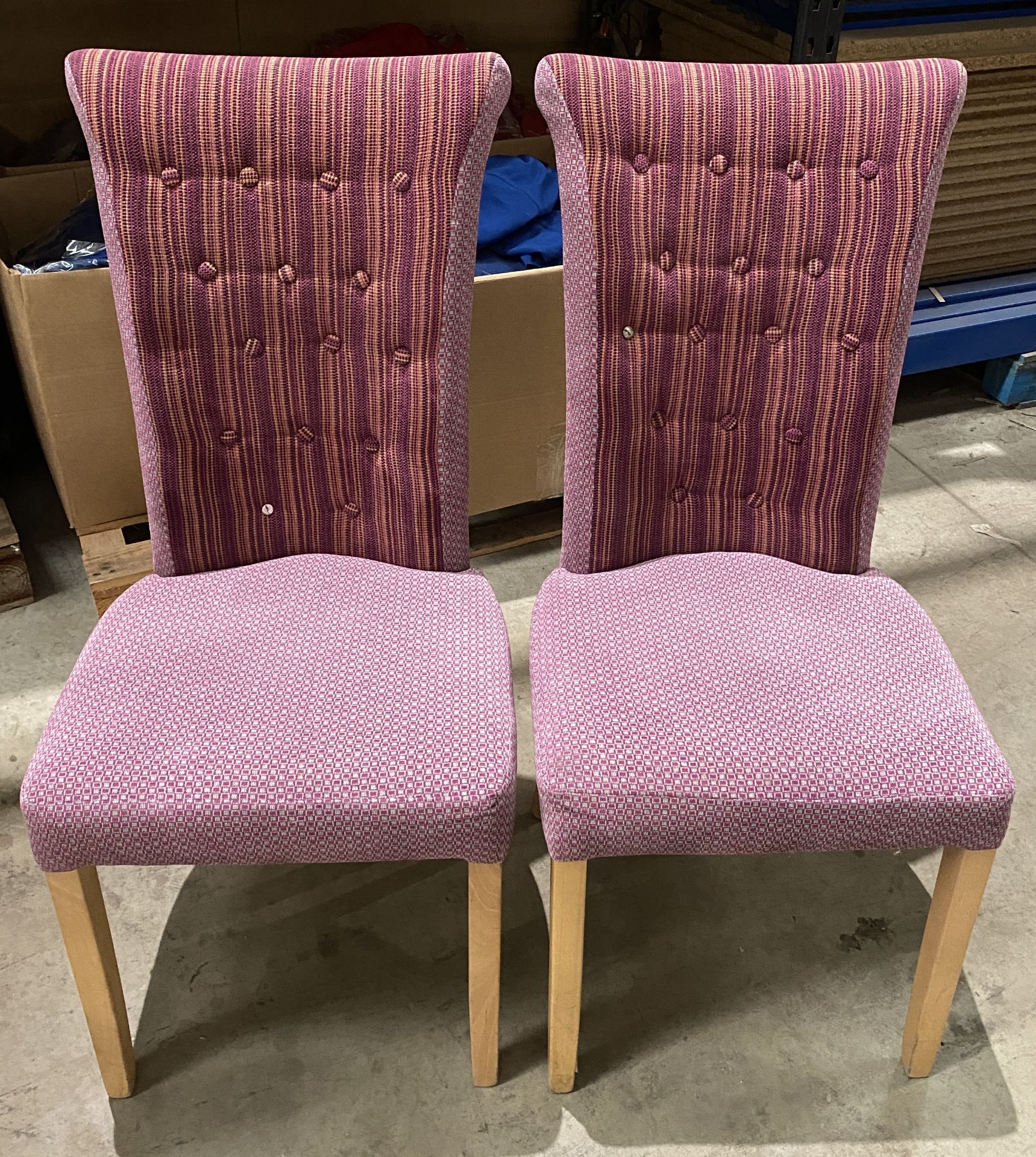 2 x High Back Roll Topped Wooden Framed Purple Patterned Upholstered Dining Chairs