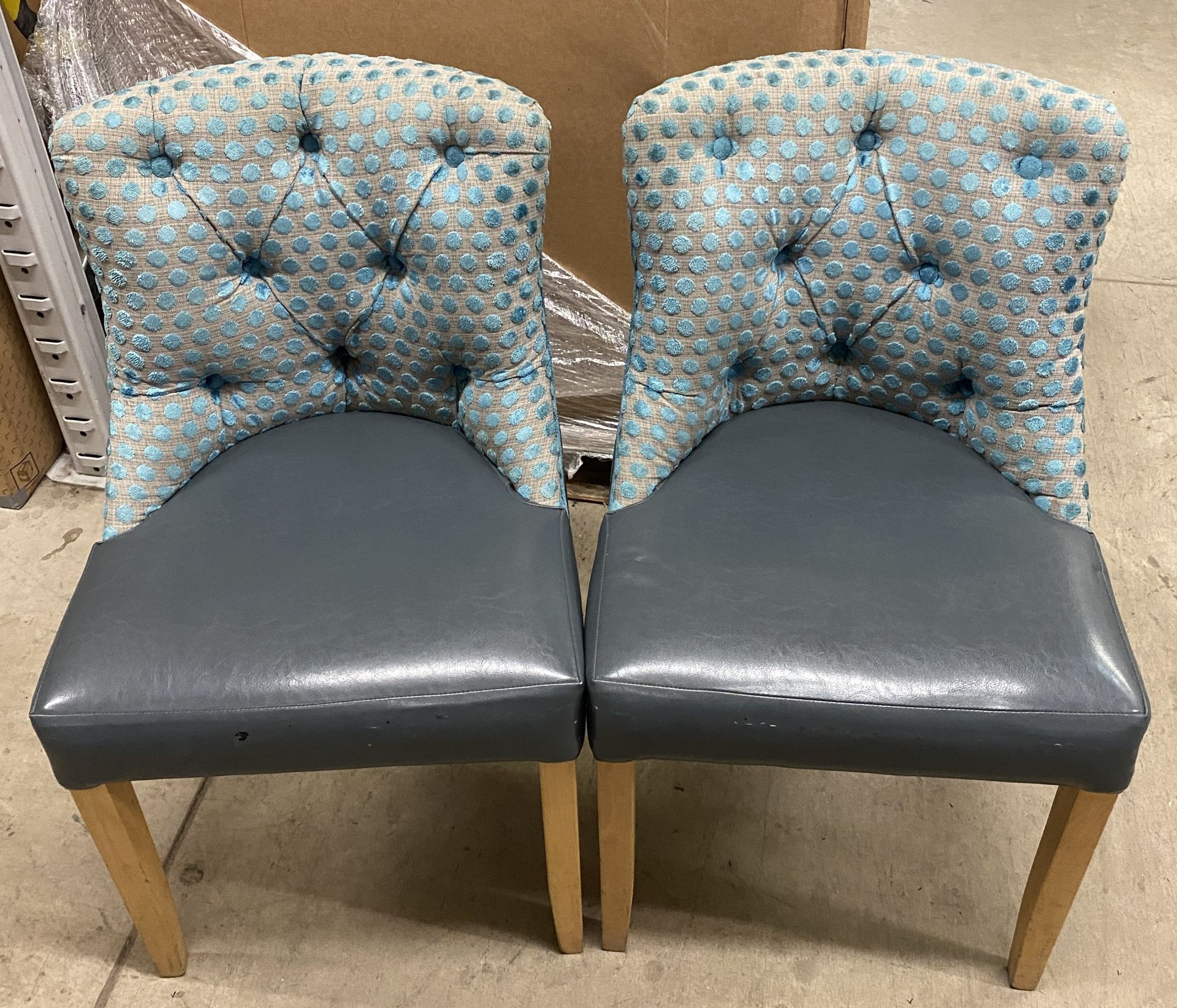 7 x Wooden Framed Round Backed Green Spot Patterned Upholstered Dining Chairs with Green Leather