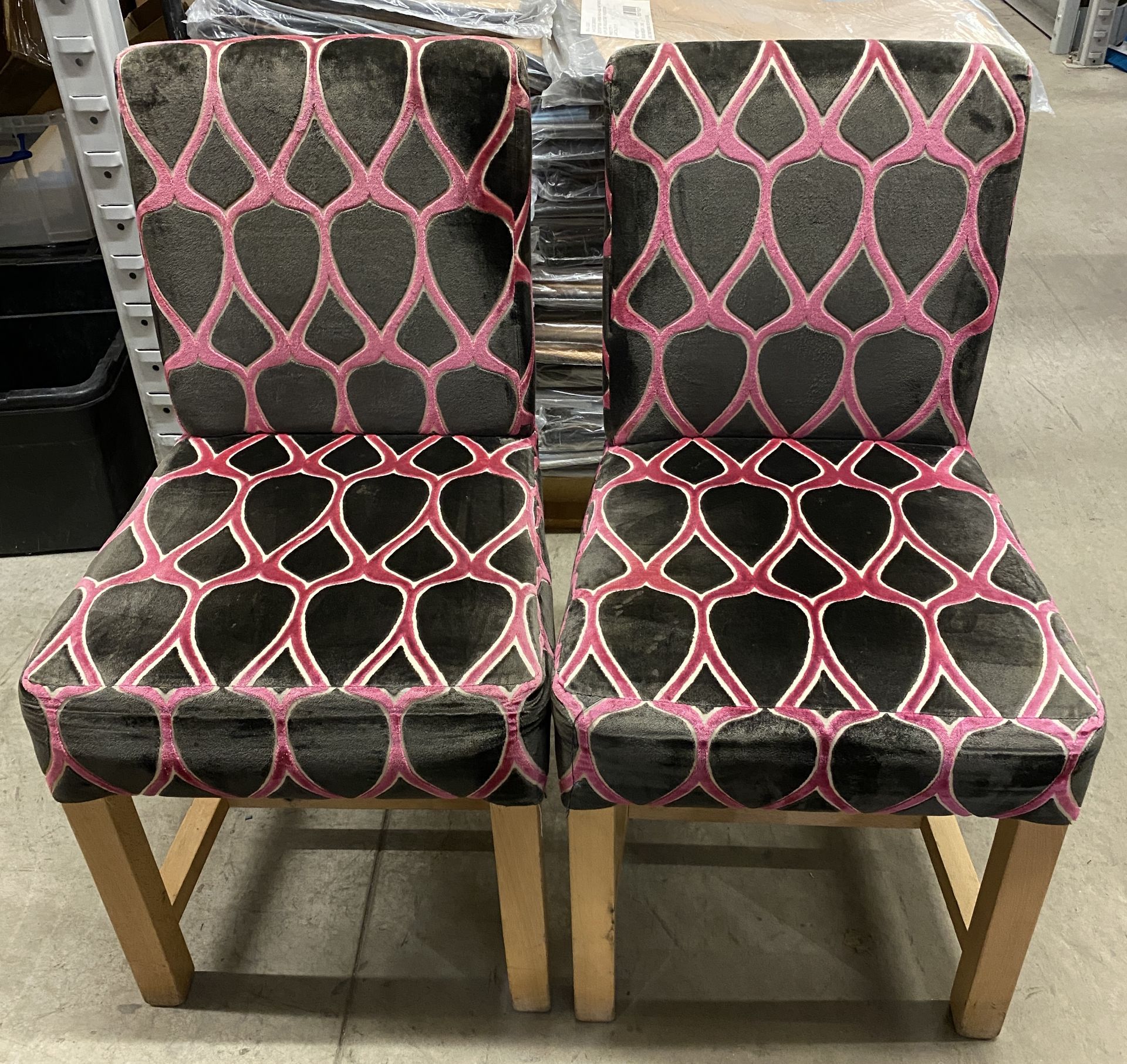 6 x High Backed Wooden Framed Black/Pink Patterned Upholstered Dining Chairs