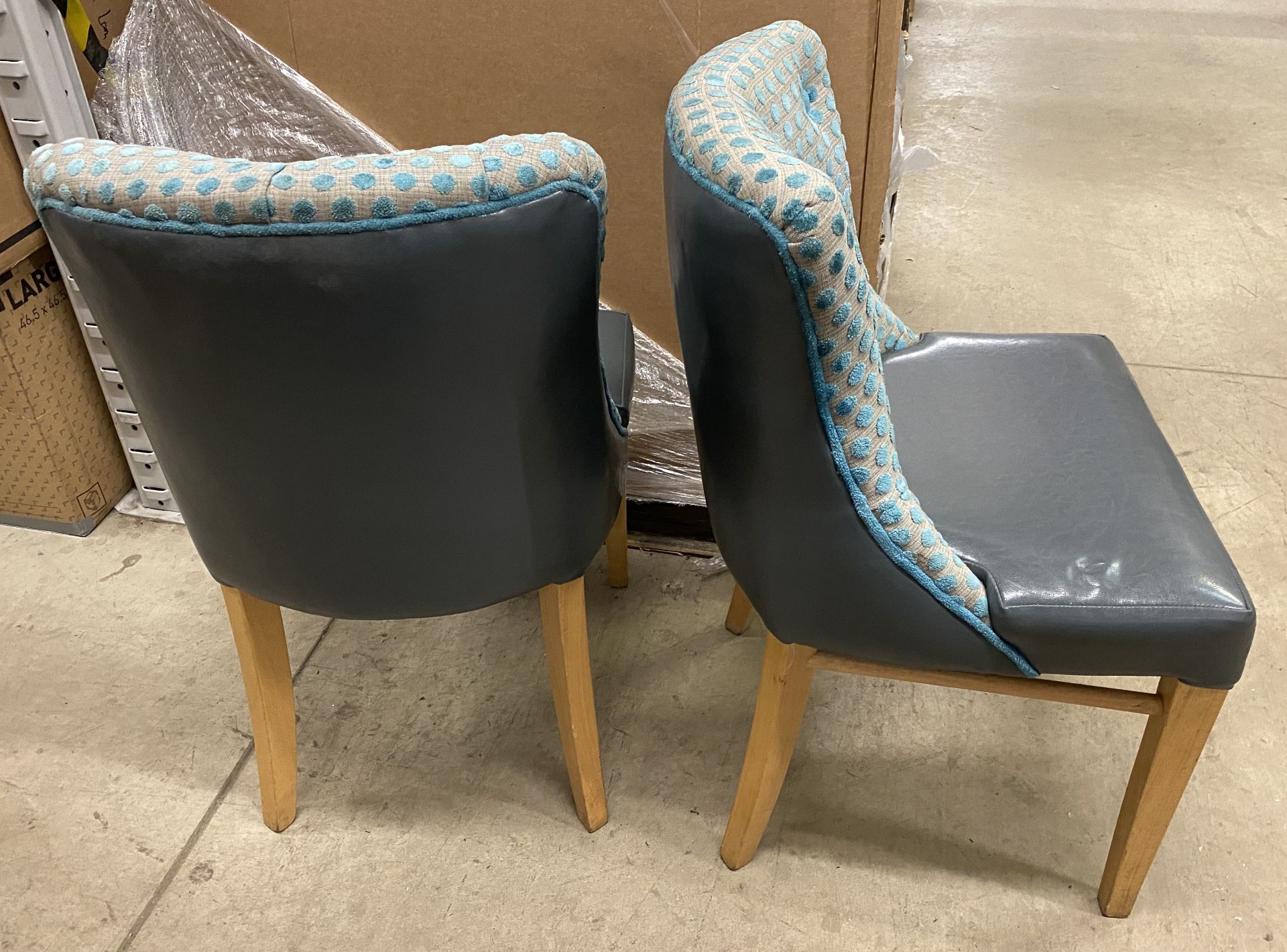 7 x Wooden Framed Round Backed Green Spot Patterned Upholstered Dining Chairs with Green Leather - Image 2 of 2