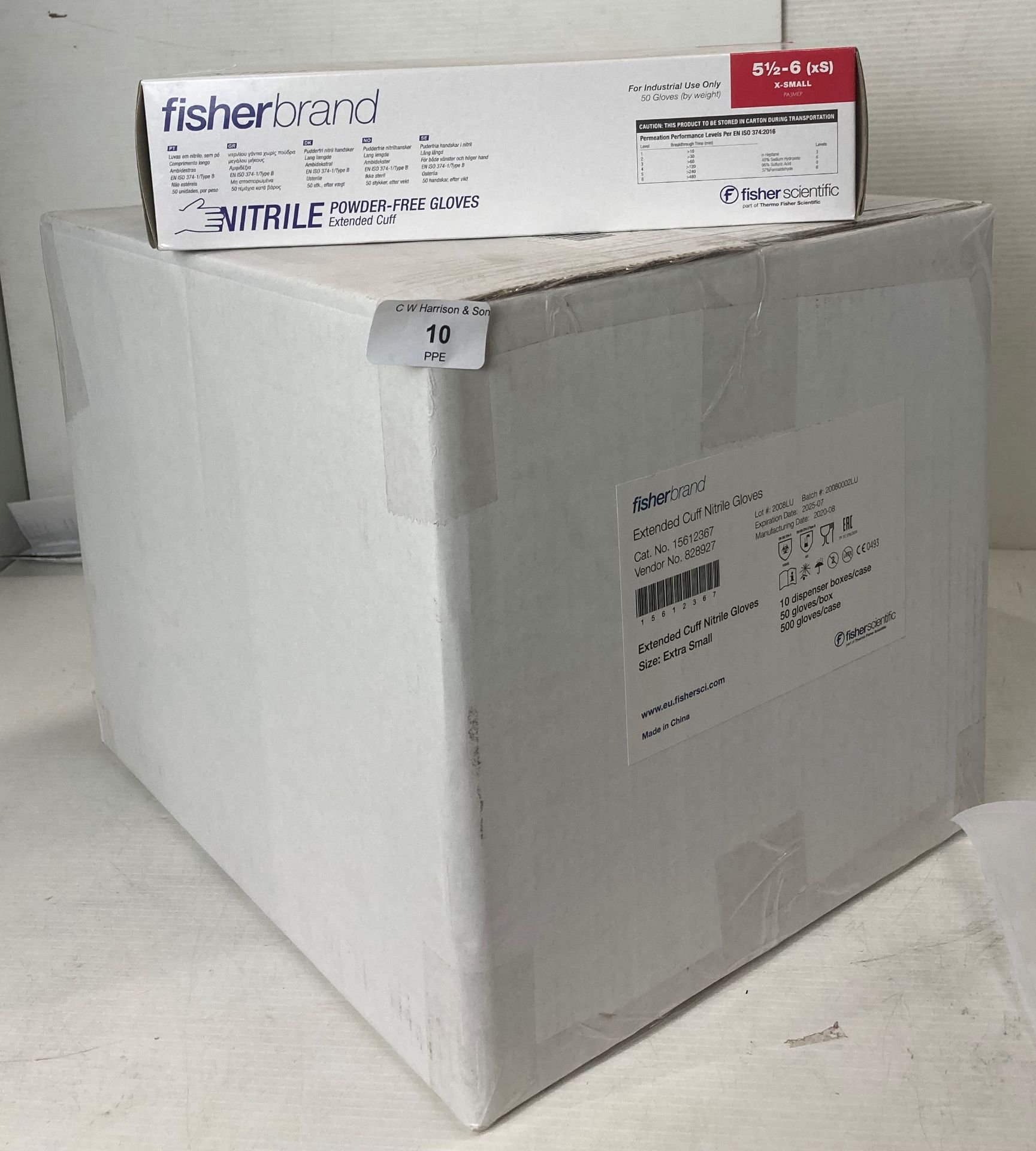 10 boxes of (1 outer box) Fisherbrand extended cuff Nitrile gloves - size XS