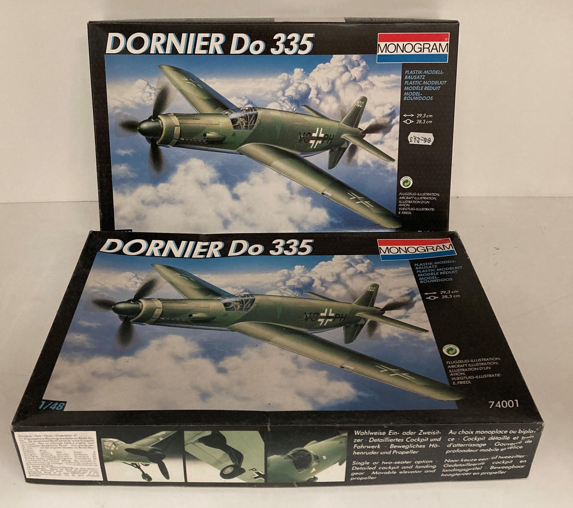 Two "Dornier DO 335" 1:48 scale No: 74001 model aircraft kits by Monogram (S1T1)