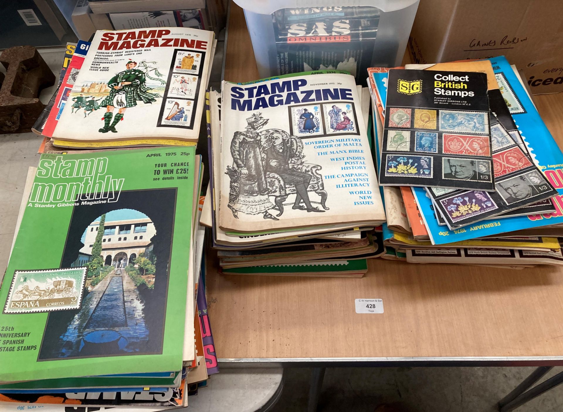 Contents to four stacks - Stamp collecting magazines.