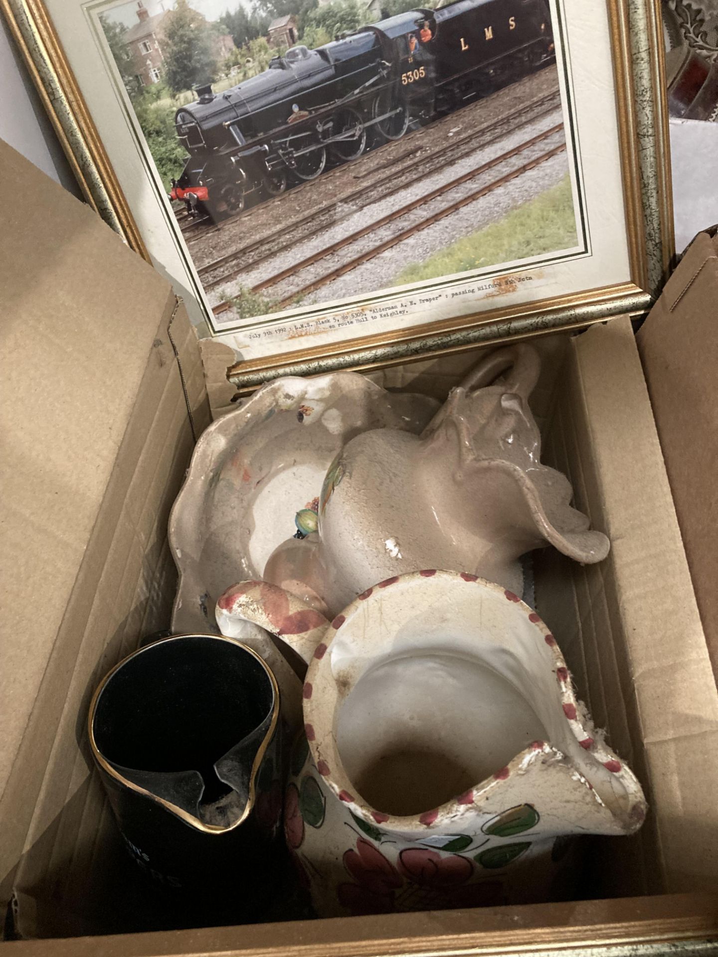 Contents to three boxes - assorted large serving plates, jug and bowl, four assorted train pictures, - Image 2 of 4