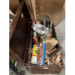 Wooden tool box and contents - packs of nails, screws, small hand saw, outside light,
