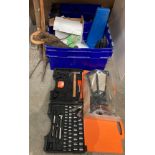 Contents to two crates assorted hand tools jigsaw, axe, pressure sprayer, saws,
