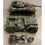 Green plastic military Strike Force tank and Jeep and a Police Harley Davidson (damaged light etc)