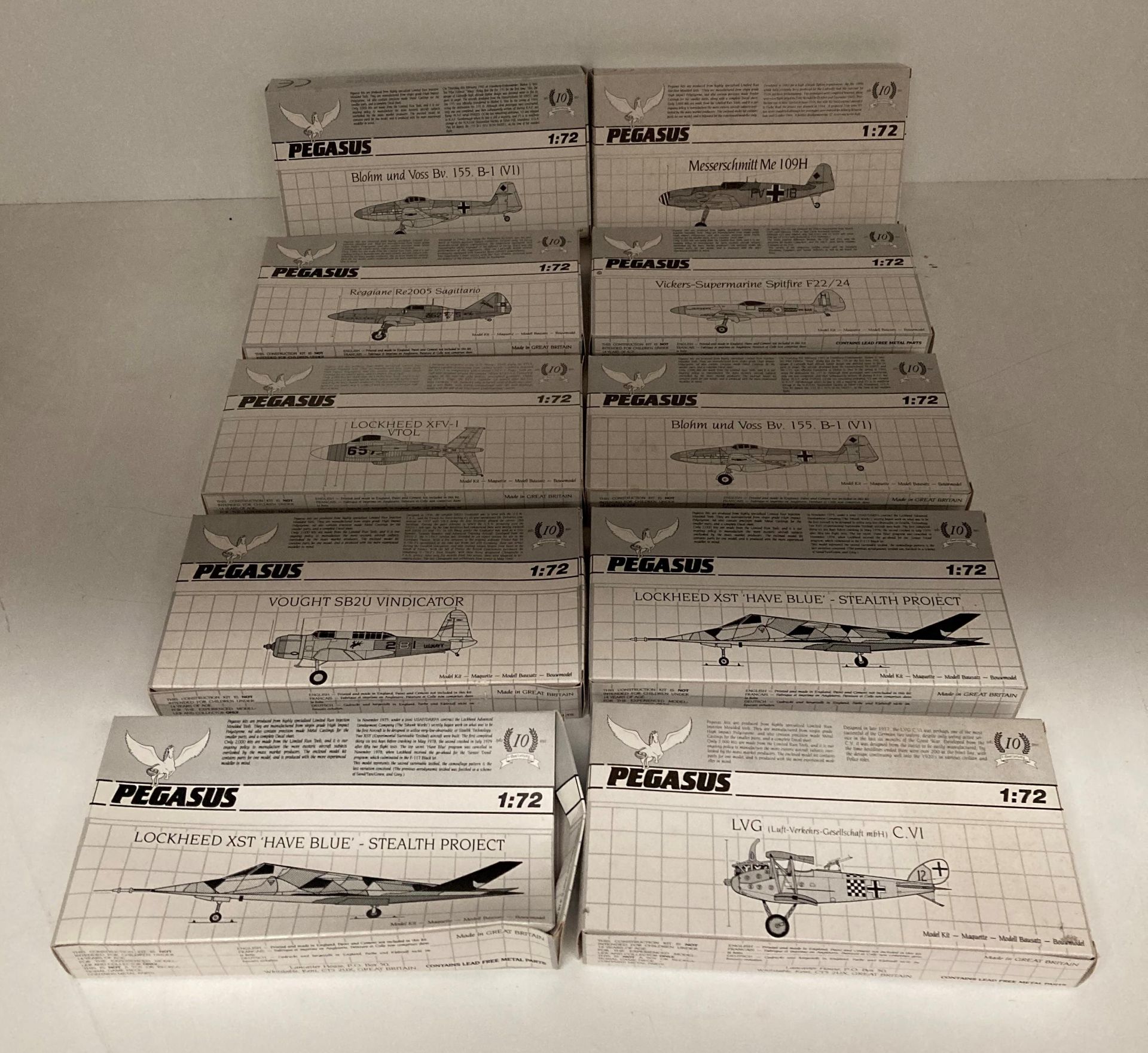 Ten assorted Pegasus model aircraft kits 1:72 scale including LVG CV1,