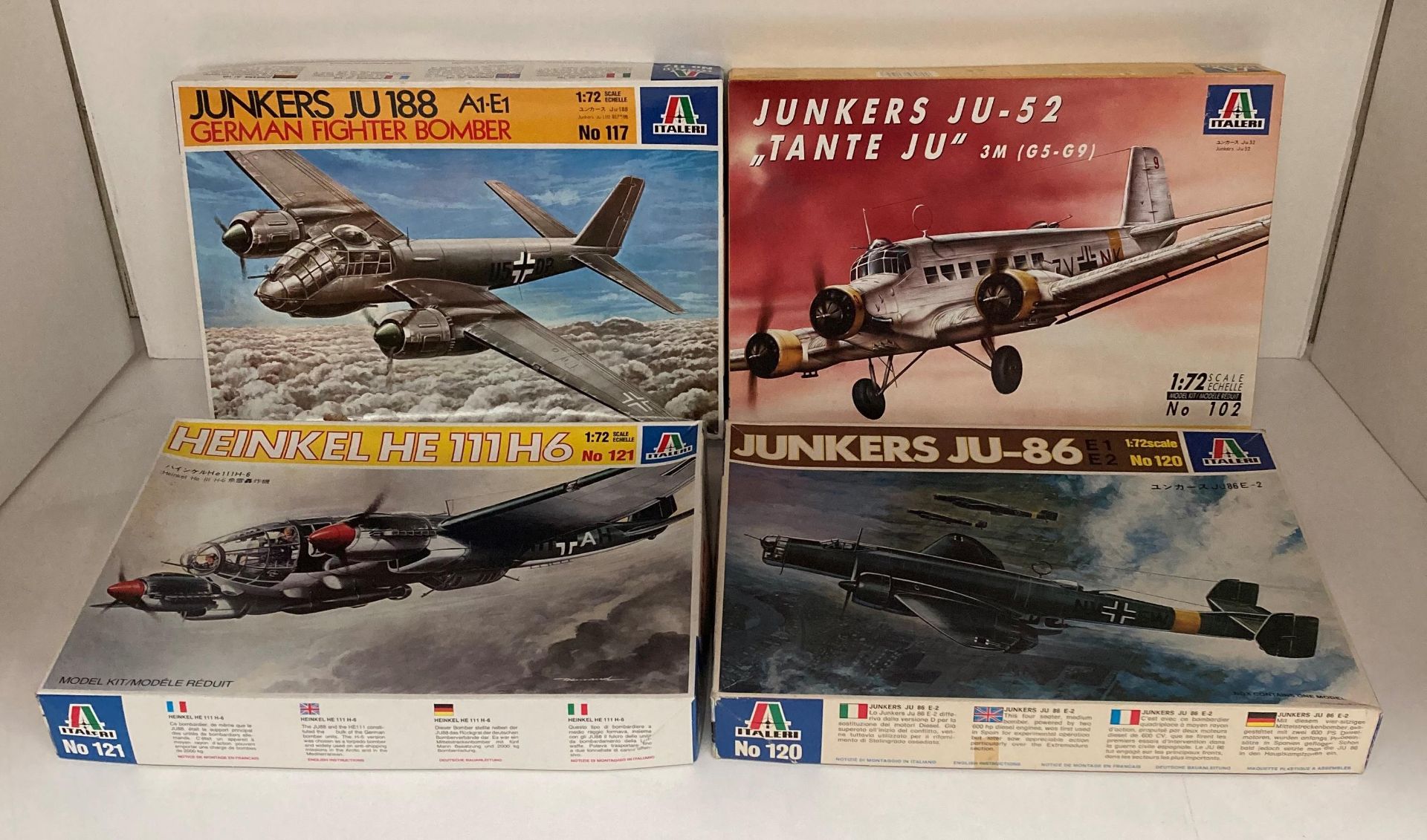 Four assorted 1:72 scale model aircraft by Italeri including Junkers JU-86 No: 120, Junkers JU-52,