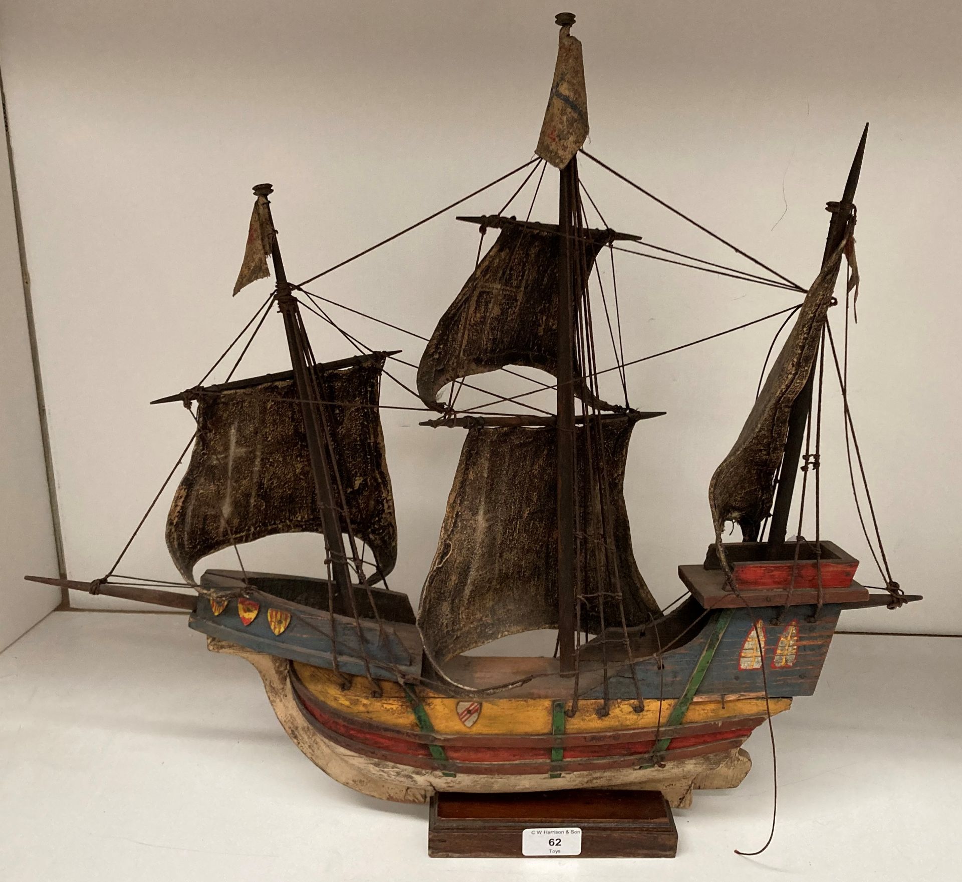 Wooden scale model ship on stand - no name approximately 60cm long x 54cm high and two assorted