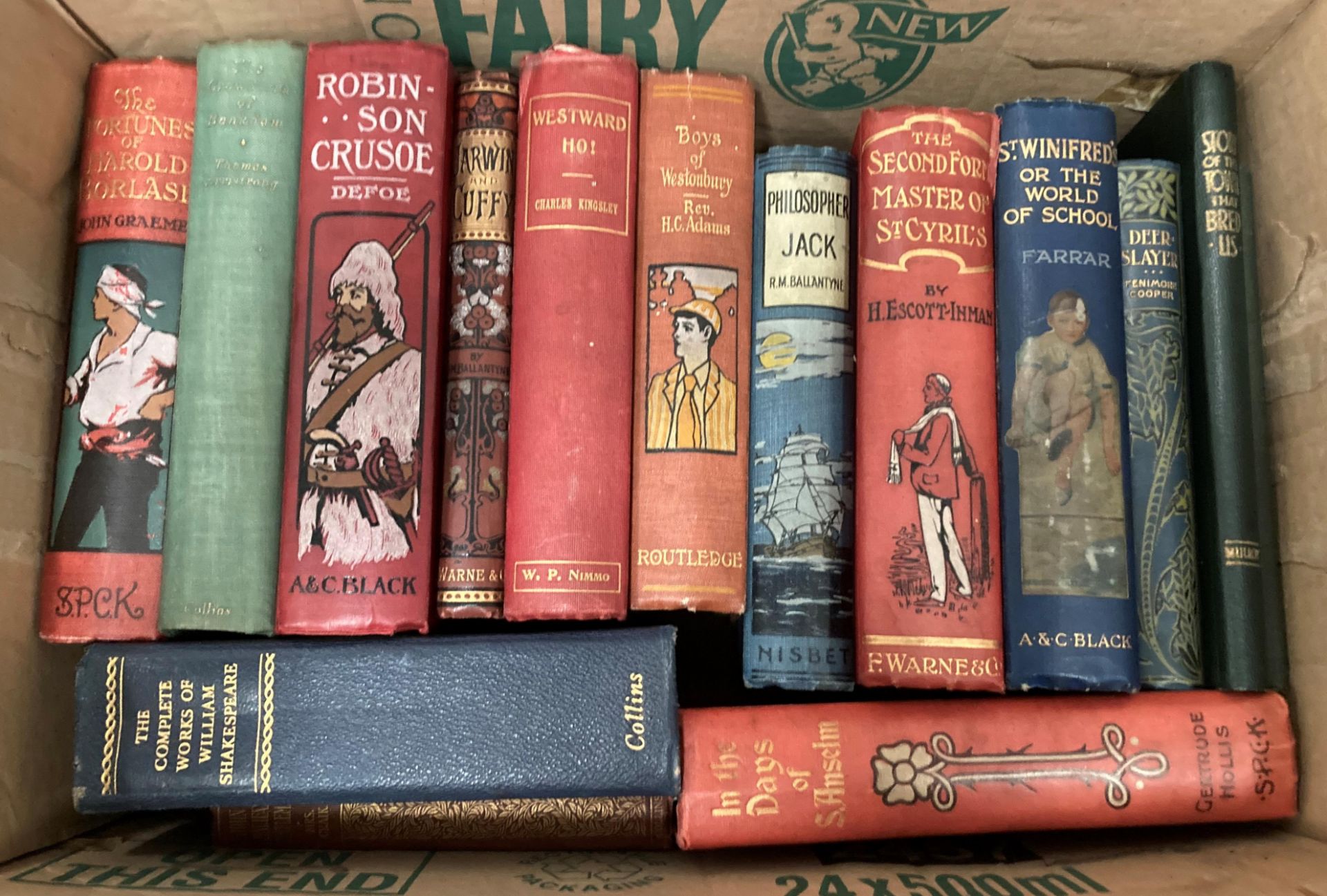 Contents to box - sixteen mainly late Victorian/Edwardian children's books including Defoe,
