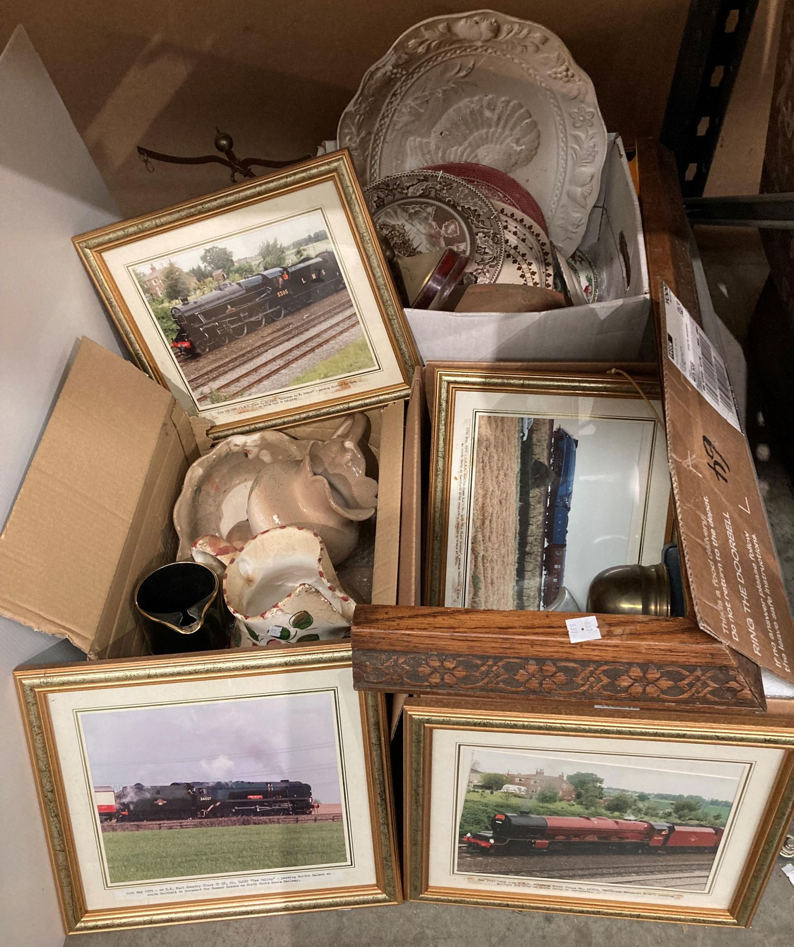 Contents to three boxes - assorted large serving plates, jug and bowl, four assorted train pictures,