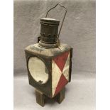 A French black metal paraffin road/railway safety lamp, crack to one perspex panel,