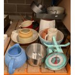 16 items kitchenware - Le Creuset 32 oval dish, Fondue dish, 2 cast iron frying pans, bread bin,