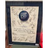 A framed poster for the Yorkshire County Cricket Club 150th anniversary dinner at Elland Road in