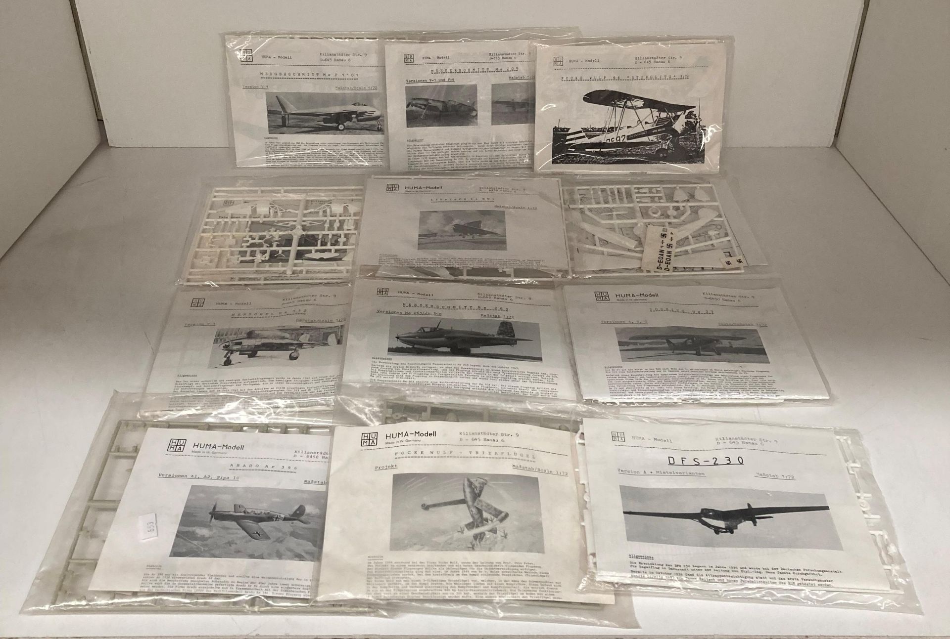 Twelve assorted "Huma" model aircraft 1:72 scale including Arado Ar 396, Focke Wulf Triebflugel,