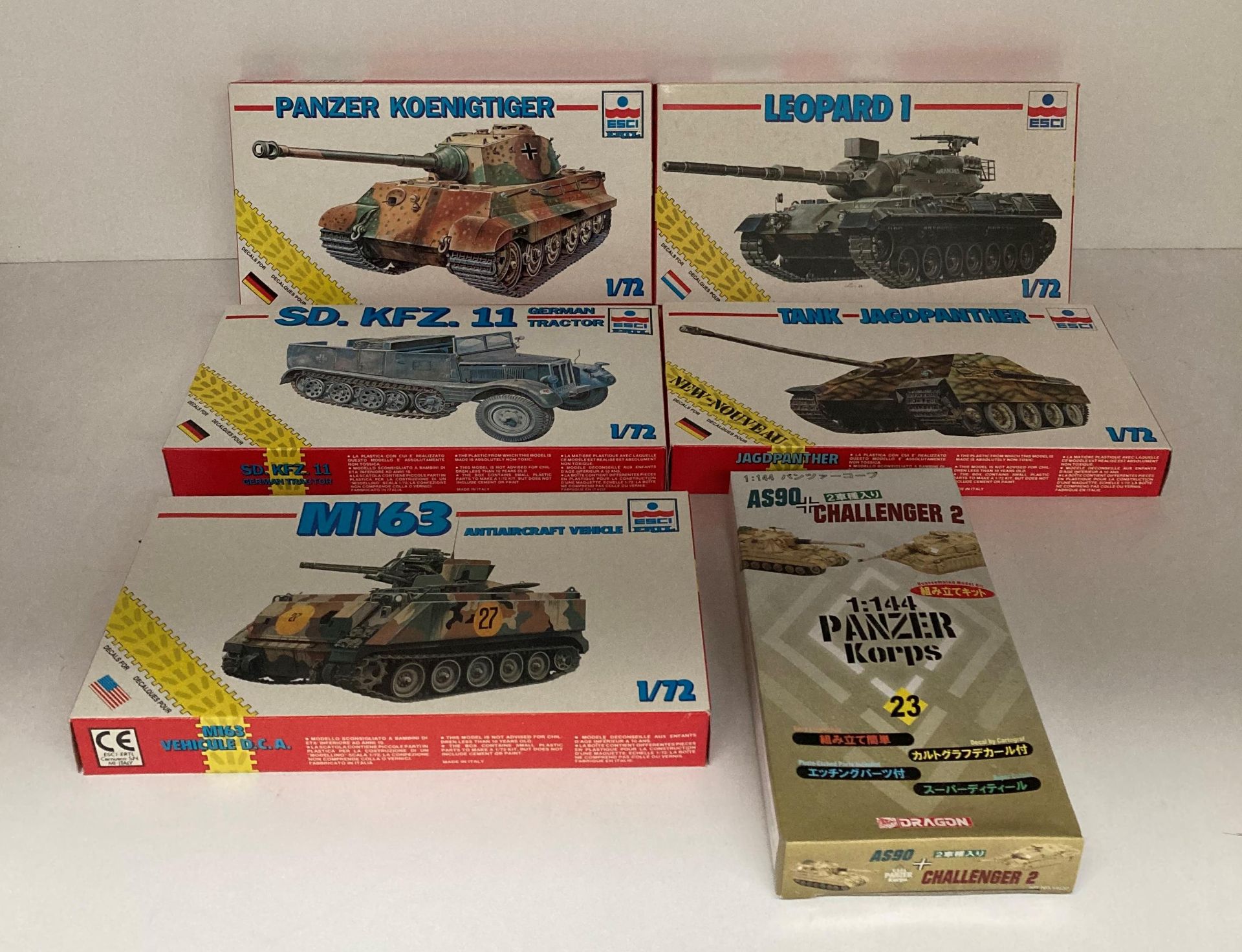 Five assorted model kits by Esci Ertl including four assorted tanks