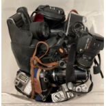 Contents to plastic box - assorted cameras and lenses by Minolta, Olympus, Samsung, etc.