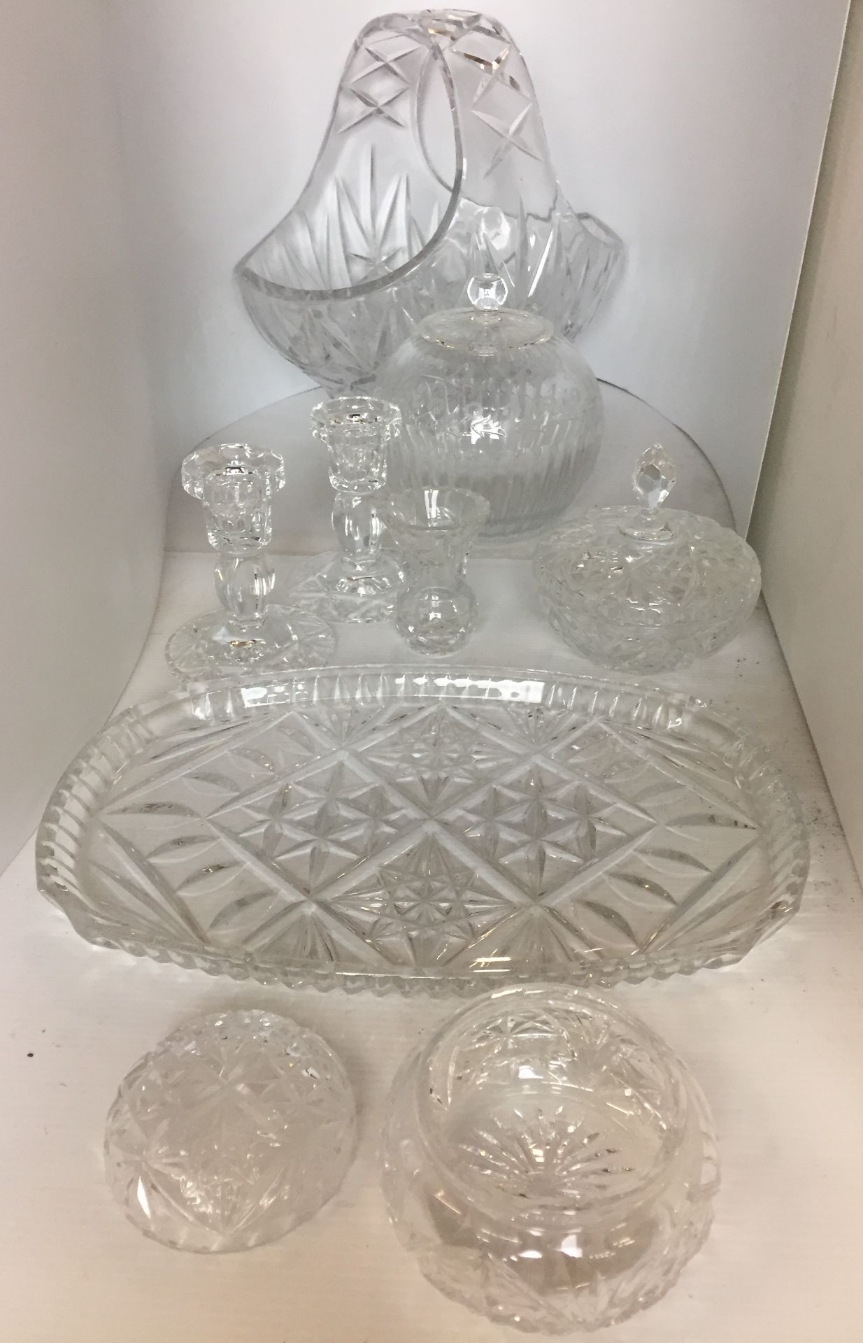 Eight pieces of cut glassware including large basket 30x21x28cm high,