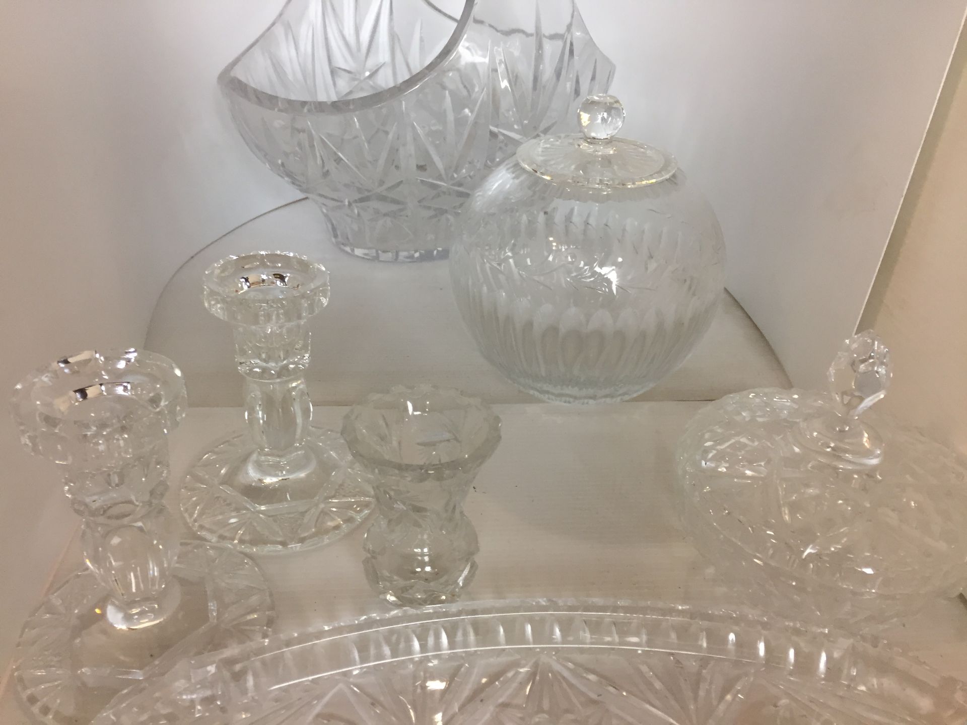 Eight pieces of cut glassware including large basket 30x21x28cm high, - Image 3 of 4