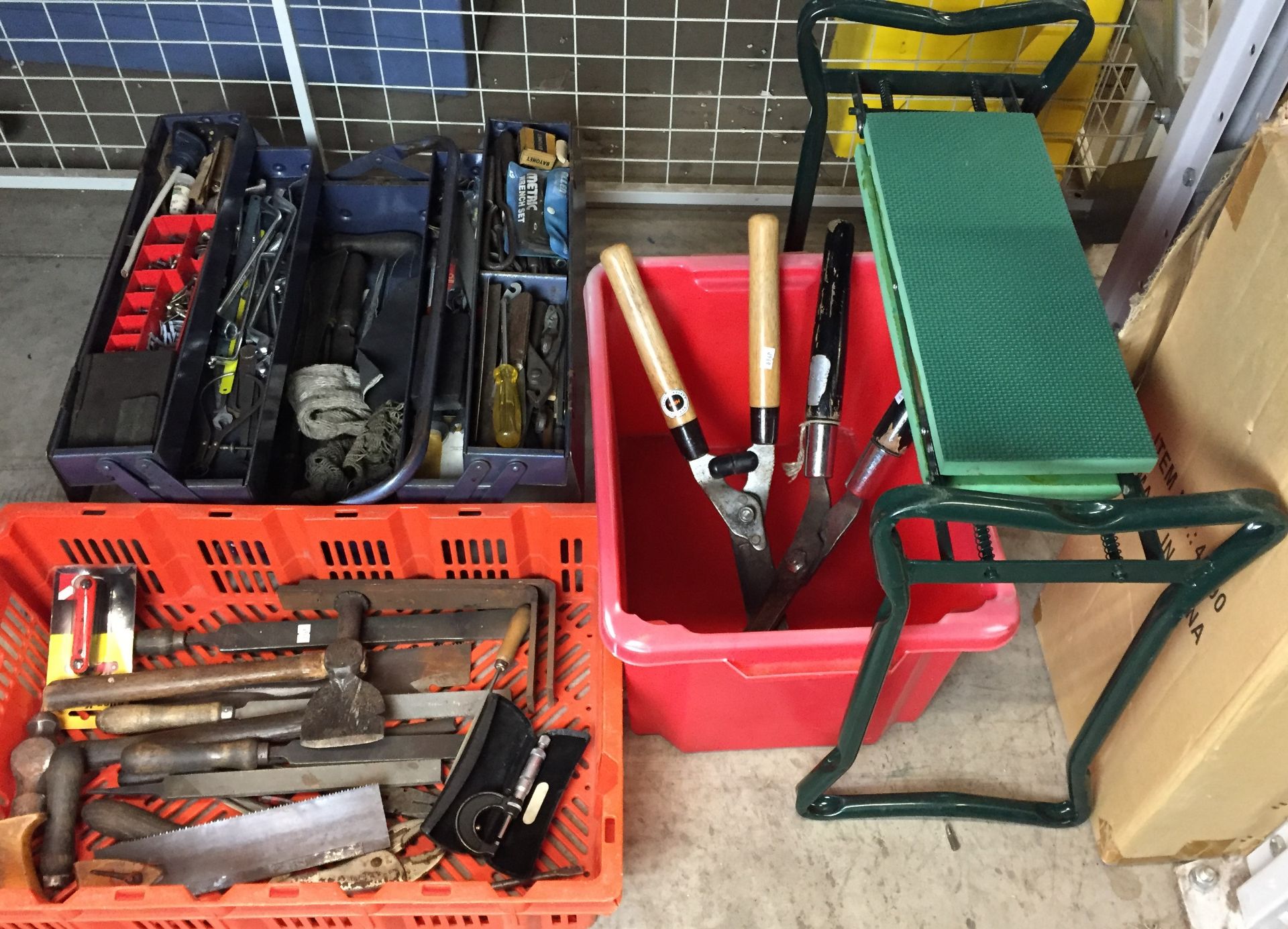 Cantilever metal tool box, two plastic boxes and contents - tools including JR & S no.