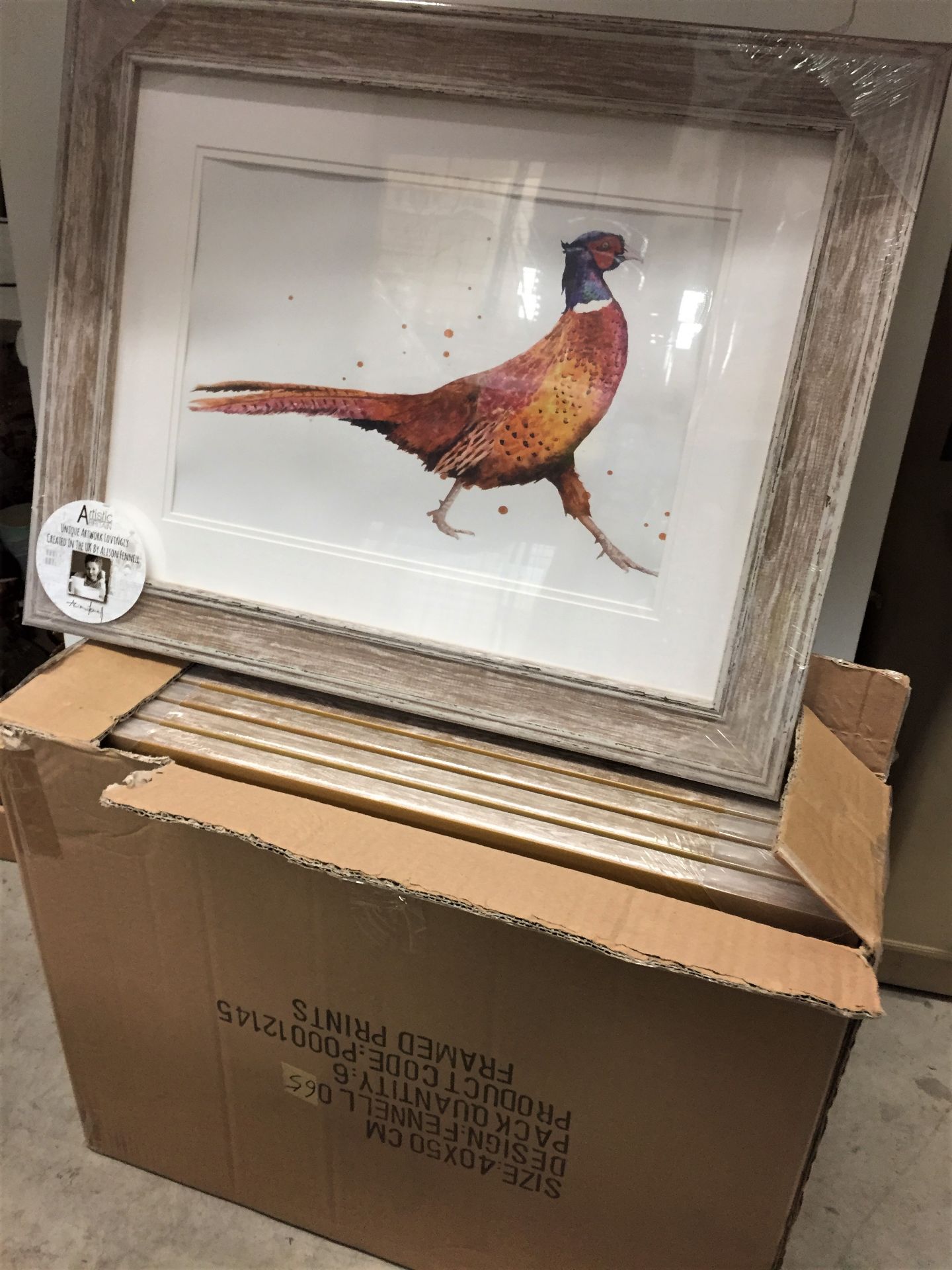 Six boxed & wrapped Aartistic Britain framed prints by Alison Fennell of male pheasant 50x40cm