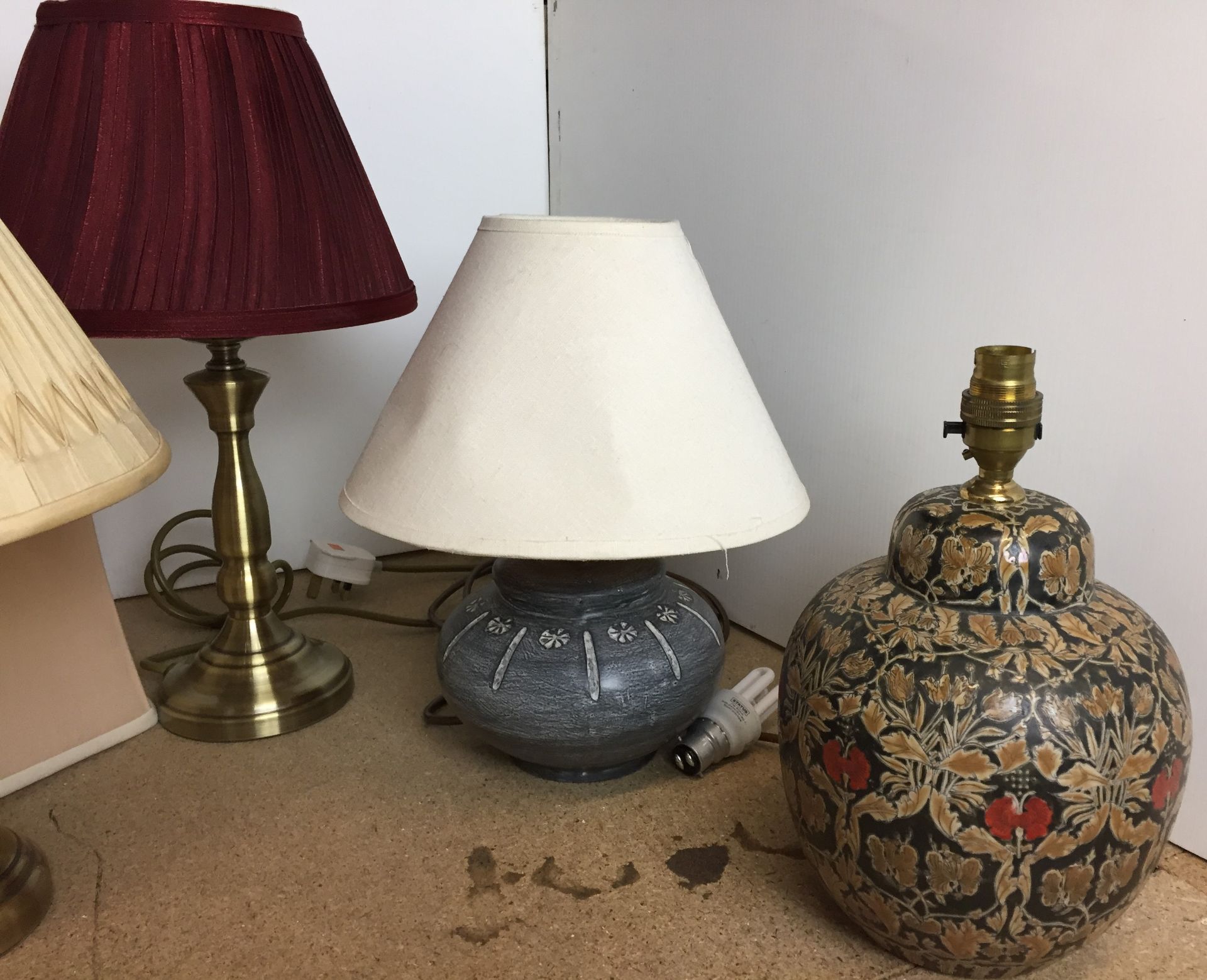 Five table lamps and shades (orange shade damaged) including Imari patterned, brass and glass, - Image 3 of 3