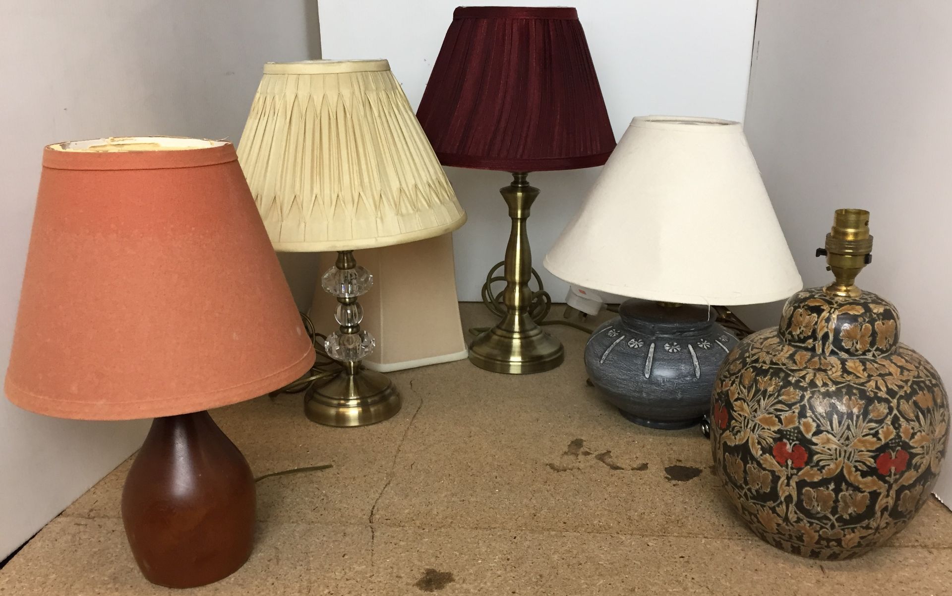 Five table lamps and shades (orange shade damaged) including Imari patterned, brass and glass,