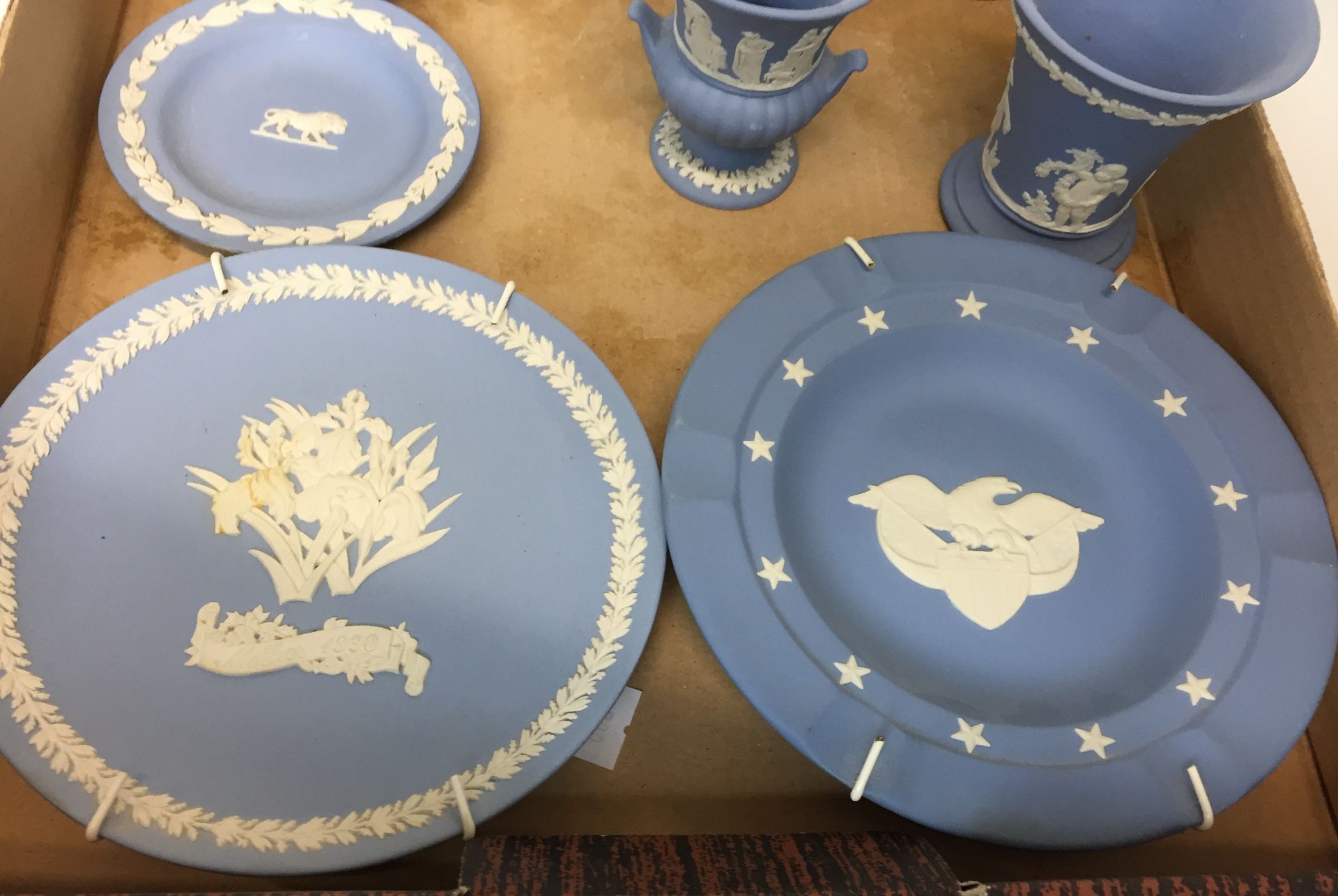 Nine pieces Wedgwood blue Jasper ware including Lion plate 11cm diameter, - Image 4 of 4
