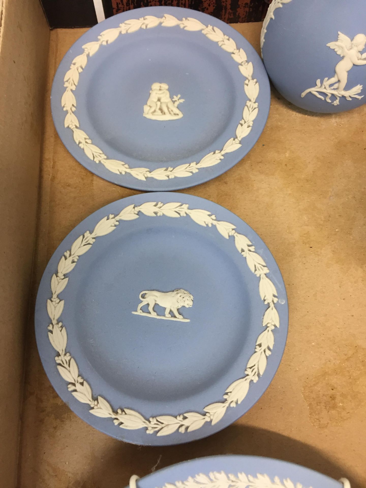 Nine pieces Wedgwood blue Jasper ware including Lion plate 11cm diameter, - Image 3 of 4